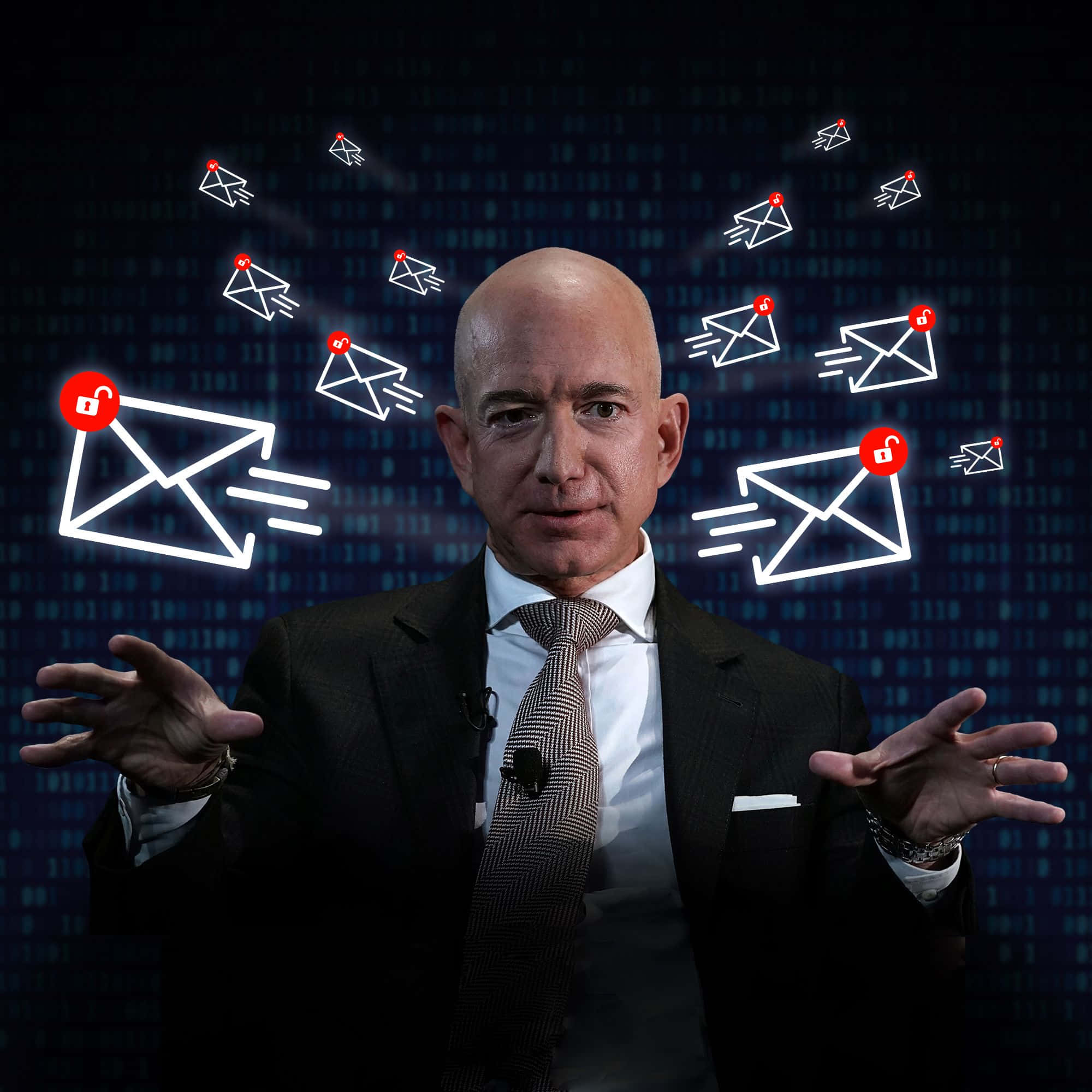 Jeff Bezos 桌布 壁紙 — Jeff Bezos 身穿西裝做手勢，發光的電子郵件圖標在數字代碼背景中漂浮在他周圍。