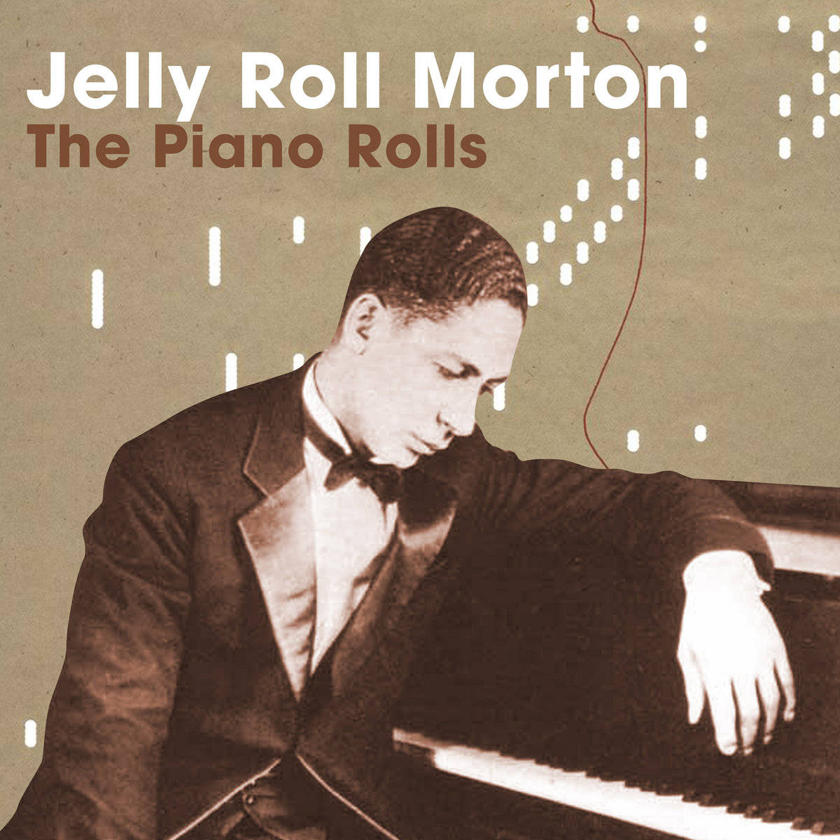 鋼琴 桌布 壁紙 — Jelly Roll Morton 的棕褐色調肖像，他打著領結、身穿西裝，俯身在鋼琴上，周圍是抽象的白色圓點和一條紅線，背景有紋理。