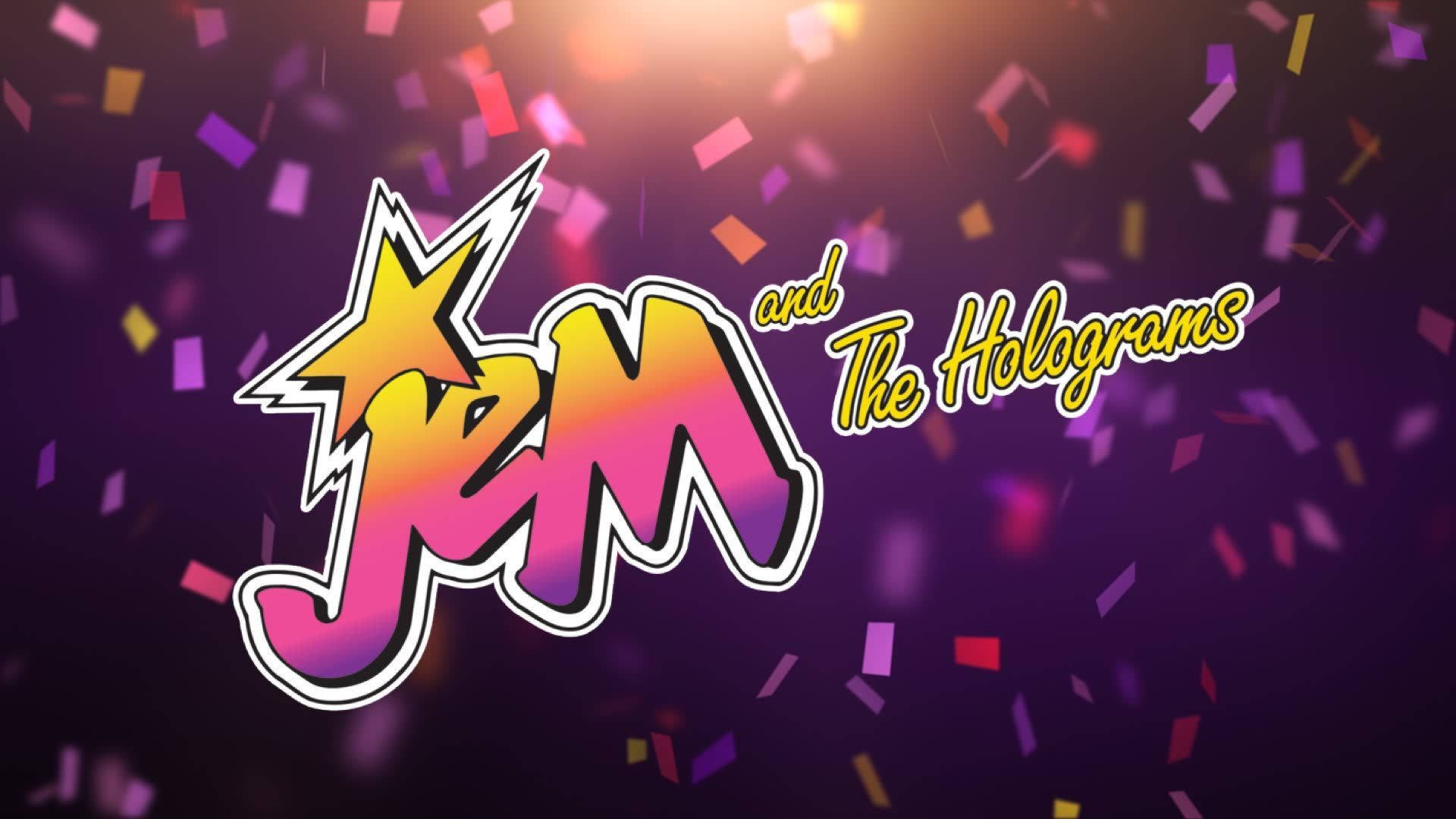標誌 桌布 壁紙 — Jem and The Holograms 的鮮豔漸變標誌，搭配紫色背景上飄落的彩色紙屑。