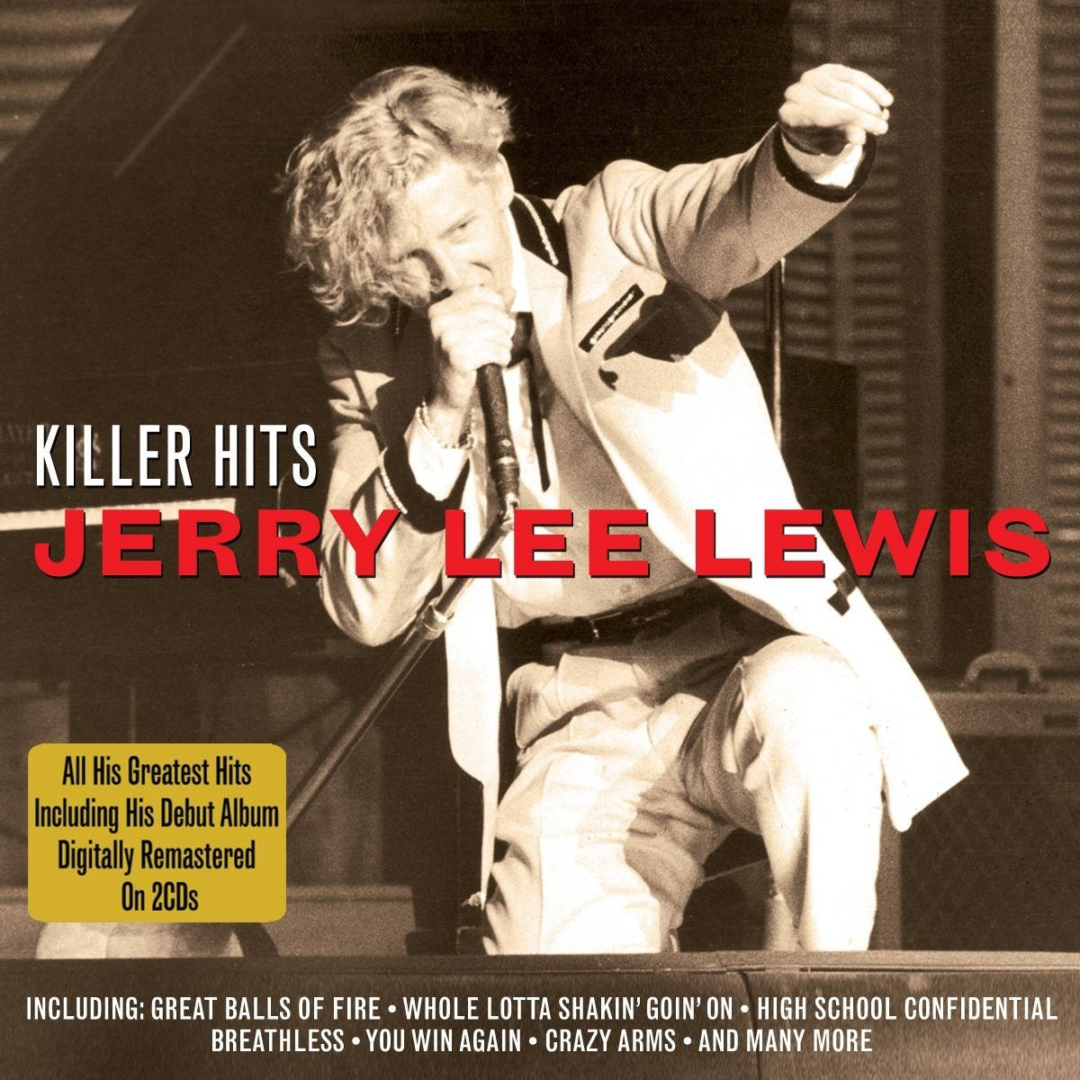 Jerry Lee Lewis 桌布 壁紙 — Jerry Lee Lewis 在舞台上熱情地彈奏鋼琴，照片呈懷舊棕色調，並有粗體紅色文字疊加。
