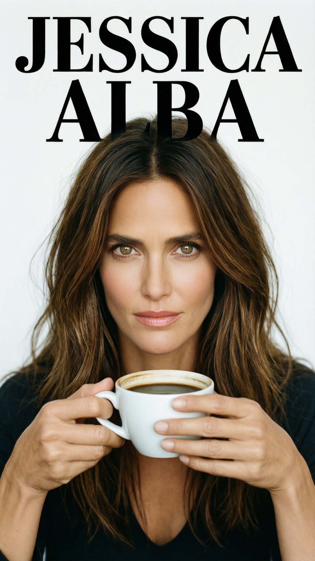 Magazine Cover Style 壁紙 — 潔西卡·艾芭直視鏡頭，手持白色咖啡杯，背景為純白色，頭頂上方有粗體黑色文字。
