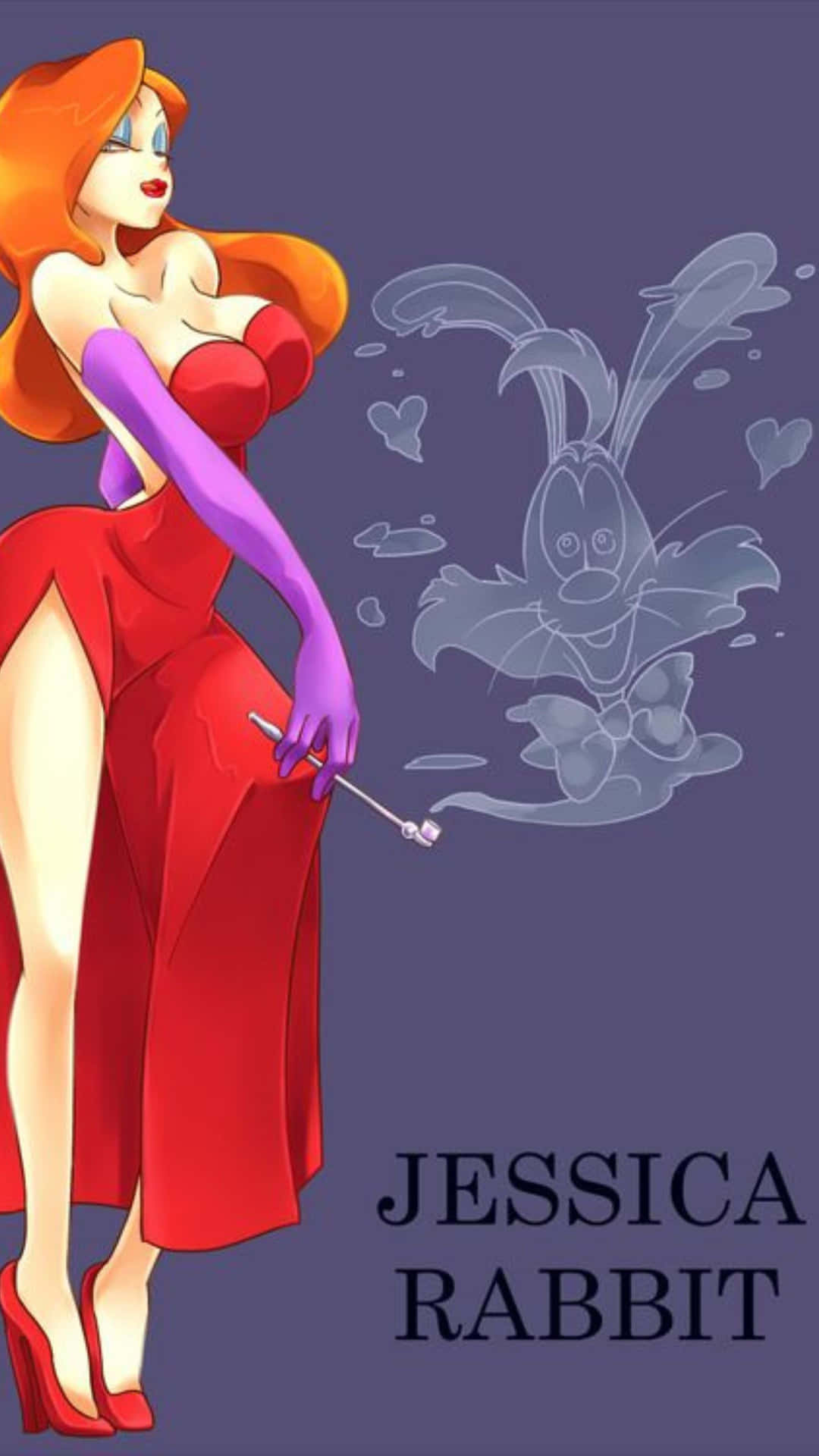  壁紙 — Jessica Rabbit 身穿紅色連衣裙和紫色手套吸煙，一隻幽靈般的卡通兔子出現在她旁邊。