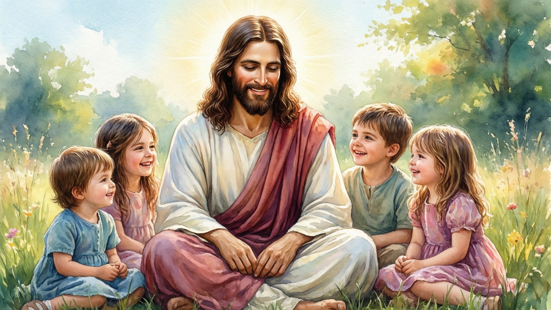 Jesus Loves Children 壁紙 — 耶穌基督平靜地坐在陽光明媚的草地上，被四個穿著彩色裙子和襯衫的微笑孩子包圍。