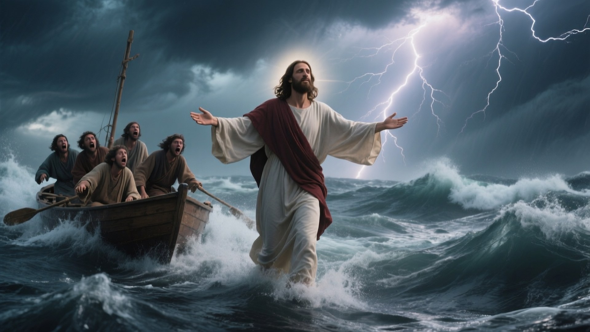 Walking on Water 壁紙 — 耶穌在暴風雨的海浪上行走，閃電擊中一艘滿載驚恐男子的船隻上方。