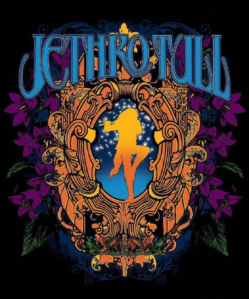 美學 桌布 壁紙 — Jethro Tull 的迷幻專輯封面，金色巫師剪影映襯著星空藍天，周圍環繞著華麗的橙色捲曲花紋和紫色花朵。