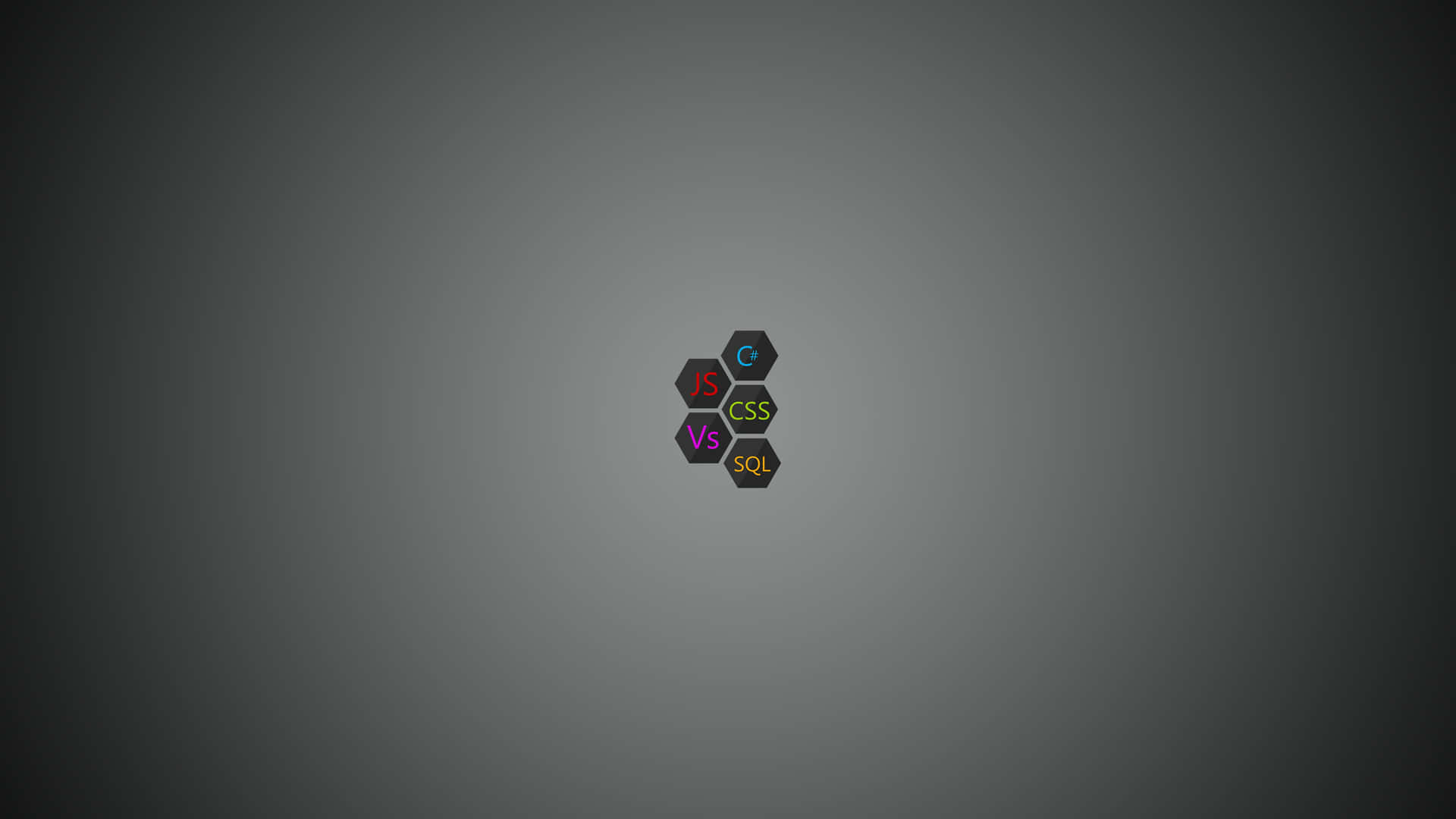 深灰色漸層背景上的JS、CSS、SQL和C六邊形圖標。 — Valorant 4K 壁紙 壁紙