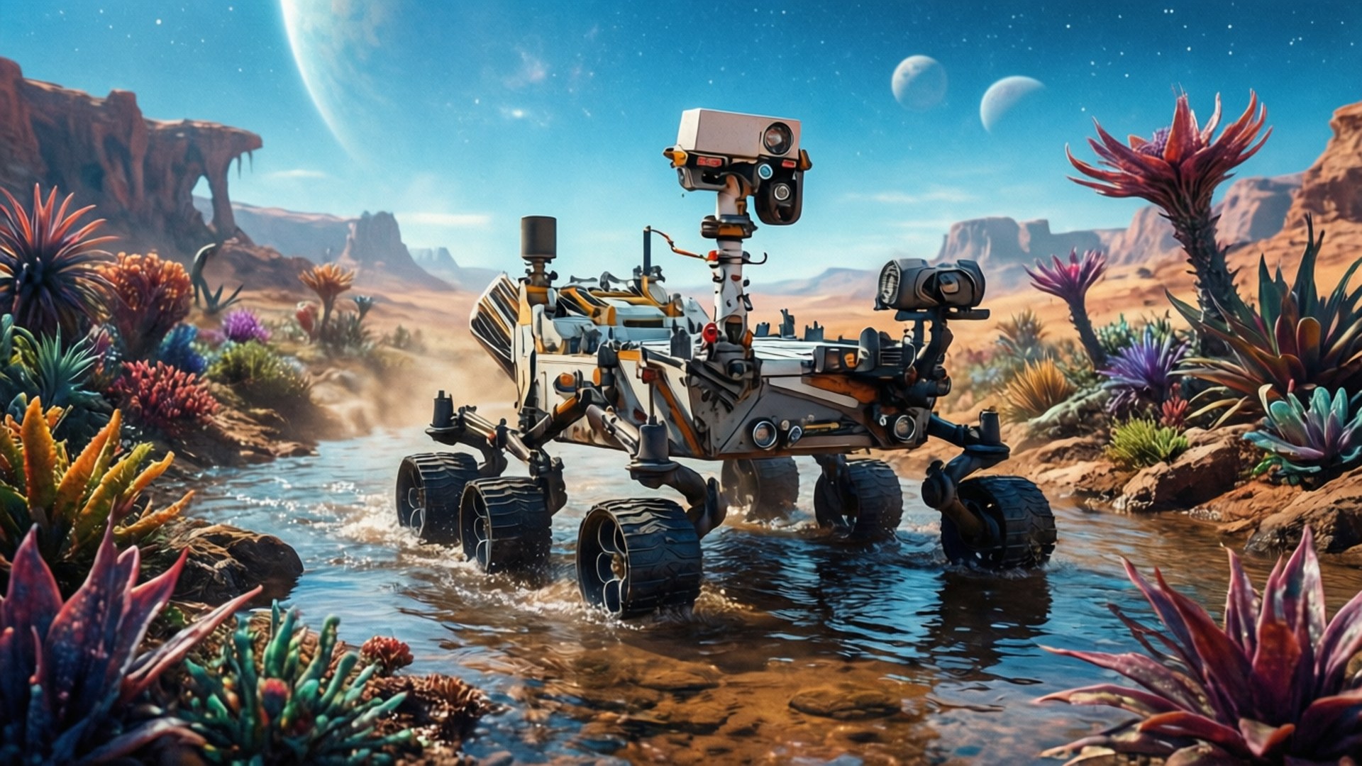 桌布 壁紙 — 一架機械探測車在一個充滿活力的外星行星上涉水穿過一條淺溪，周圍有色彩繽紛的植物，天空中還有一個巨大的月亮。