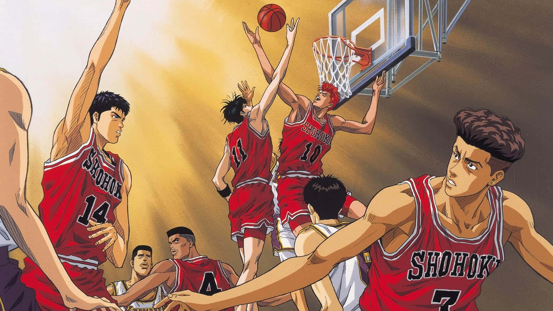 湘北籃球隊身穿紅色球衣，在明亮的燈光下進行激烈的比賽。 — Nike 節奏籃球 壁紙