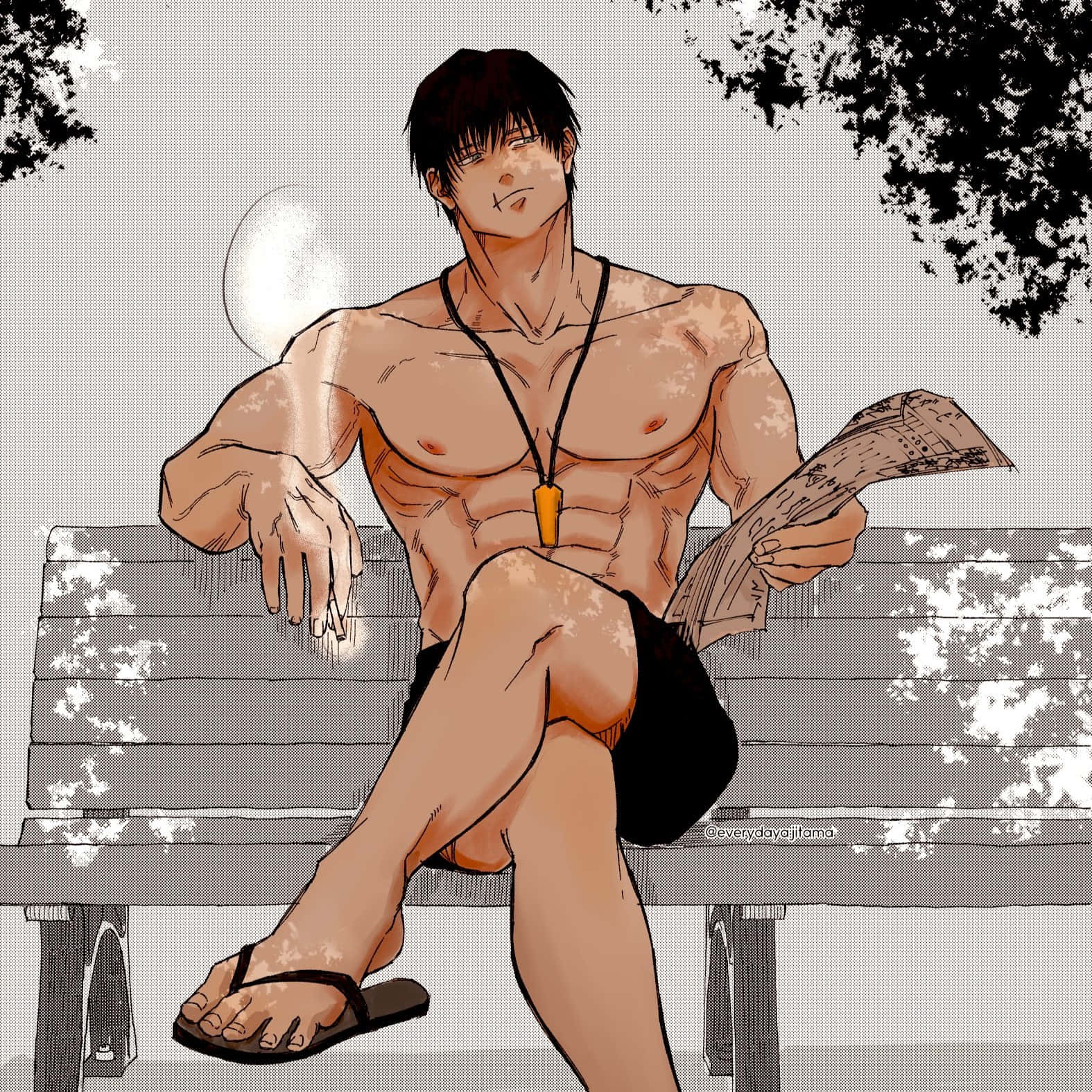  壁紙 — 一個肌肉發達的動漫男子赤裸上身坐在公園長椅上，在滿月下閱讀報紙，樹枝框住場景。