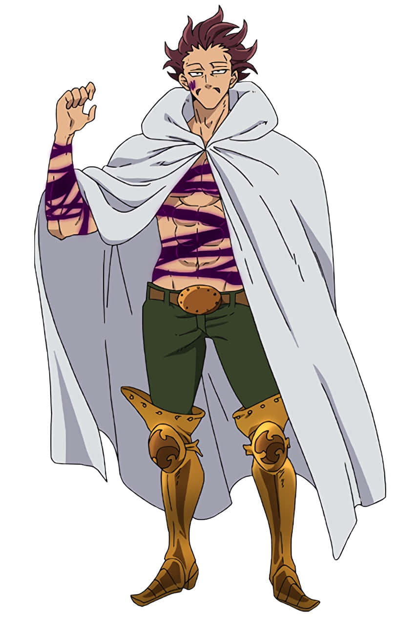 Seven Deadly Sins Monspeet 桌布 壁紙 — 一個肌肉發達的動漫戰士，棕色刺蝟頭，身穿白色斗篷，內搭紫色條紋上衣，戴著金色護脛。