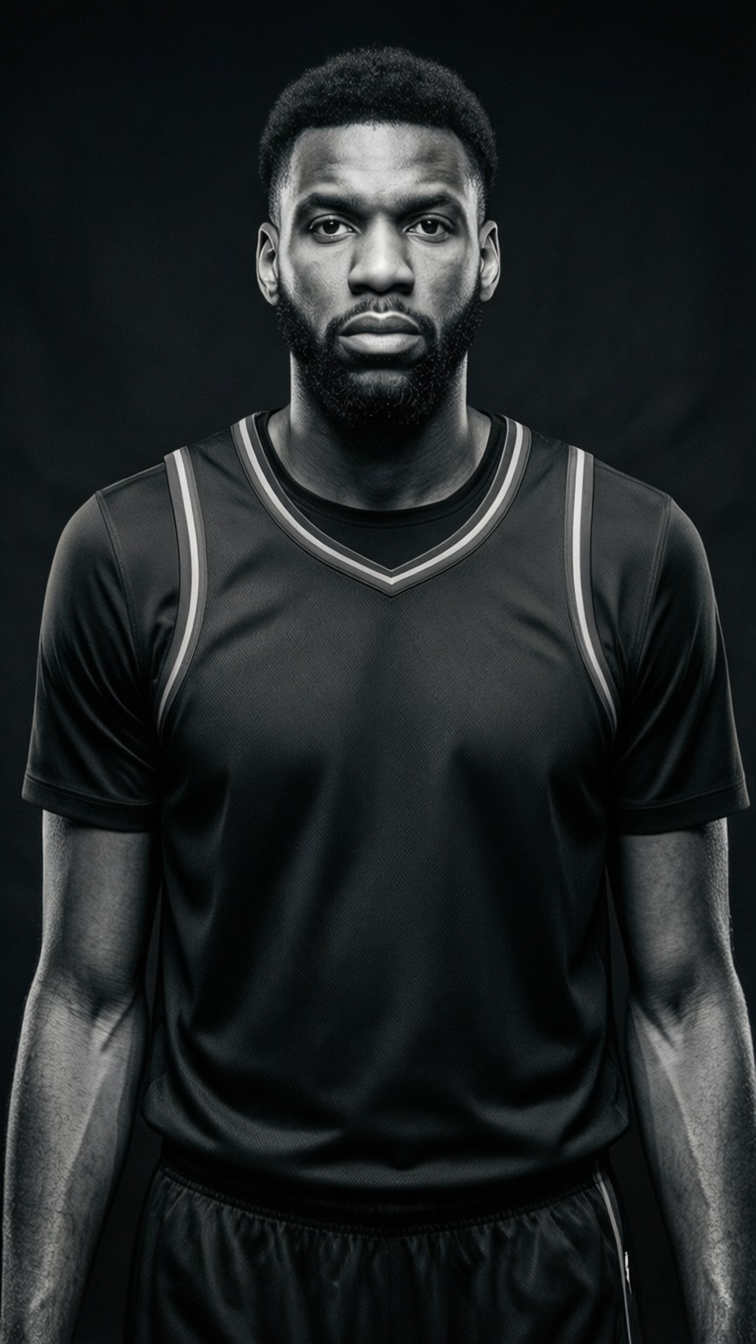 All Black Embiid 壁紙 — 一個肌肉發達的男人穿著黑色籃球球衣，站在深色背景前，眼神專注而強烈。