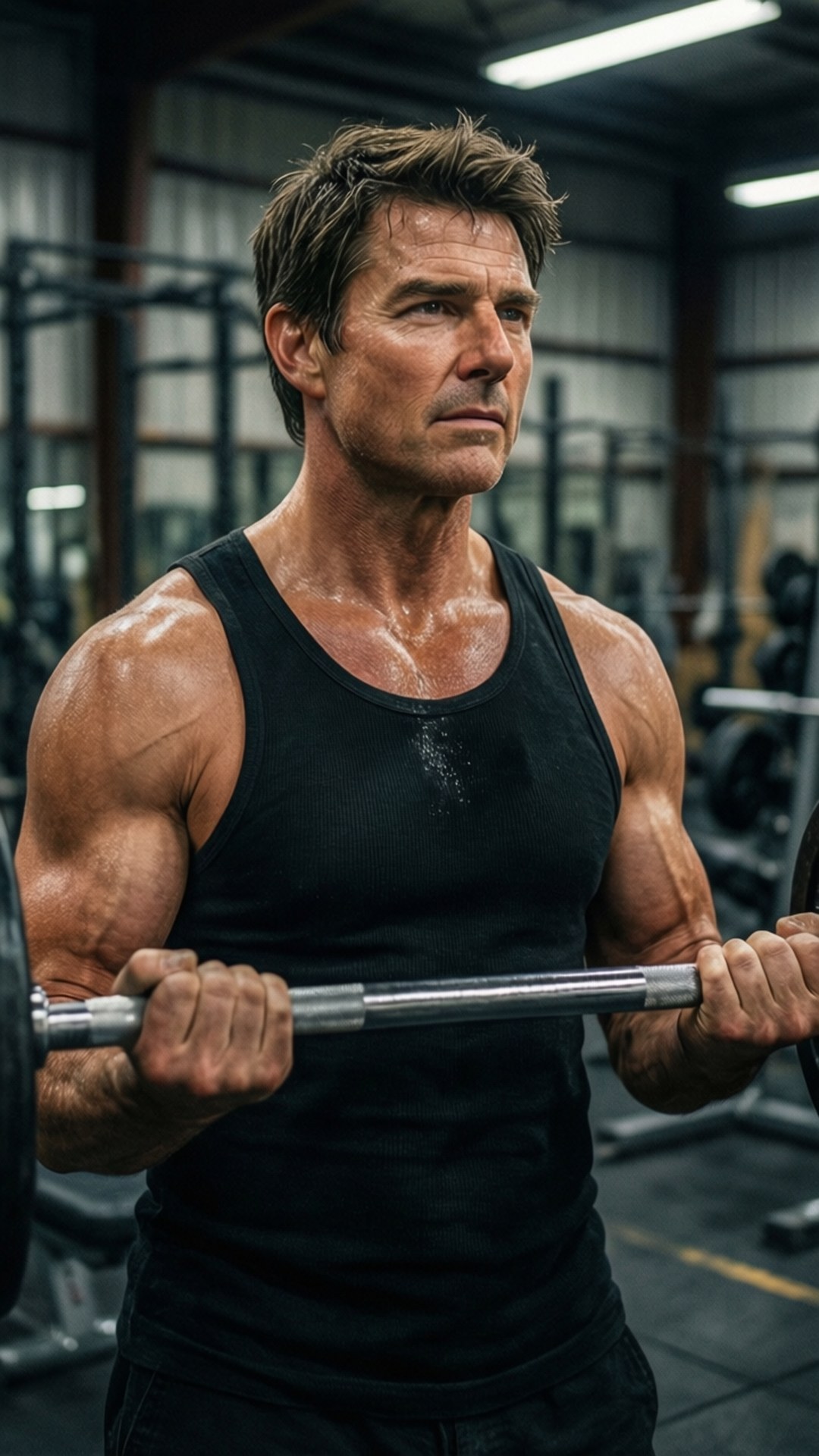 Fitness Dedication 壁紙 — 一個肌肉發達的男人穿著黑色背心，在昏暗的健身房裡抓住槓鈴，頭頂有工業橫樑和螢光燈。