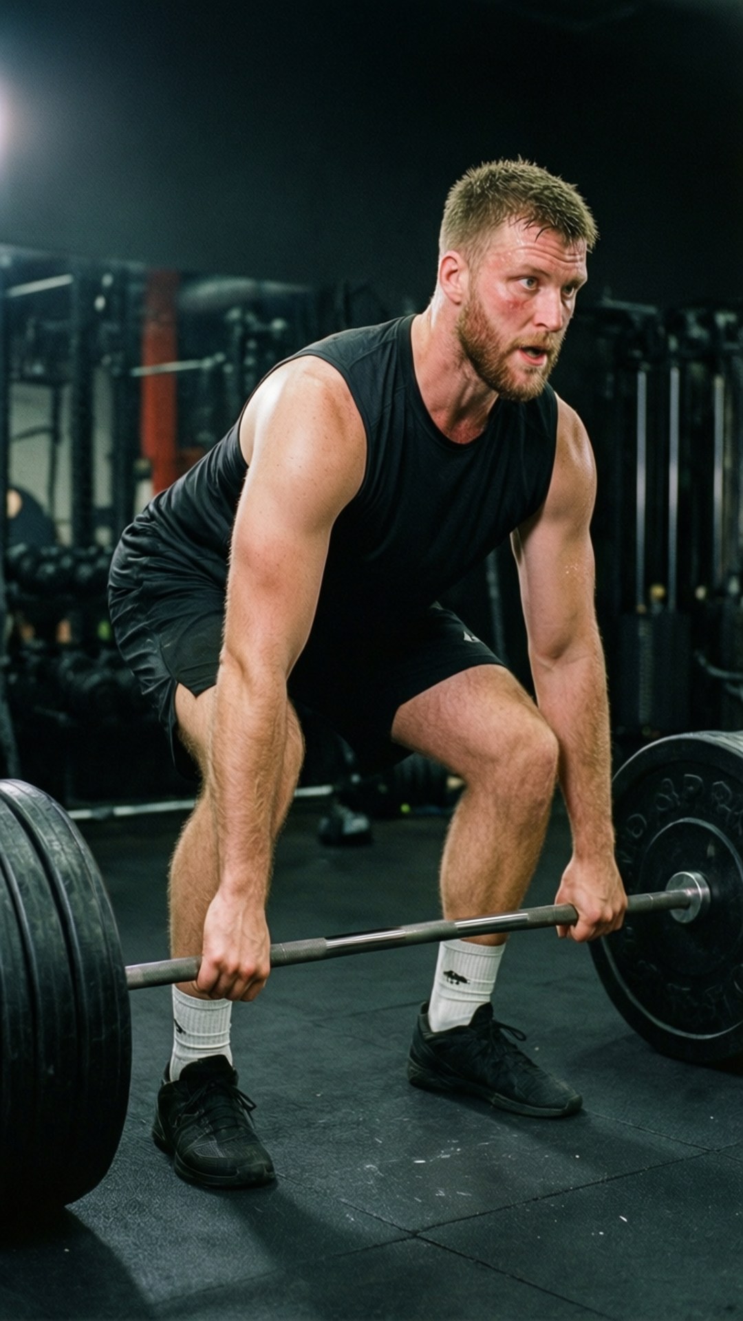 Gym Training 壁紙 — 一個肌肉發達的男人穿著黑色背心和短褲，在一個設備和燈光昏暗的健身房裡握著一個沉重的槓鈴。
