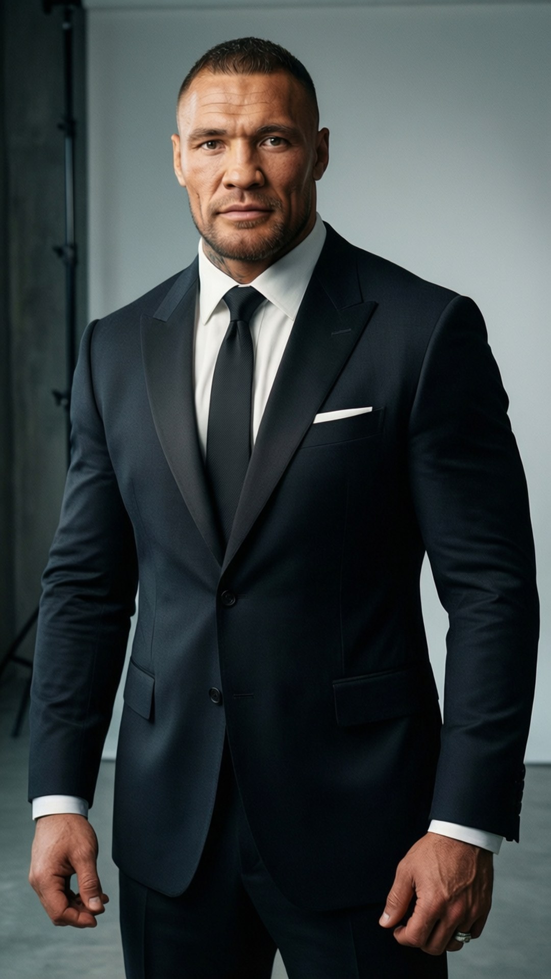Sharp Suit Confidence 壁紙 — 一個肌肉發達的男人穿著俐落的黑色西裝，自信地站在極簡灰色工作室背景前。