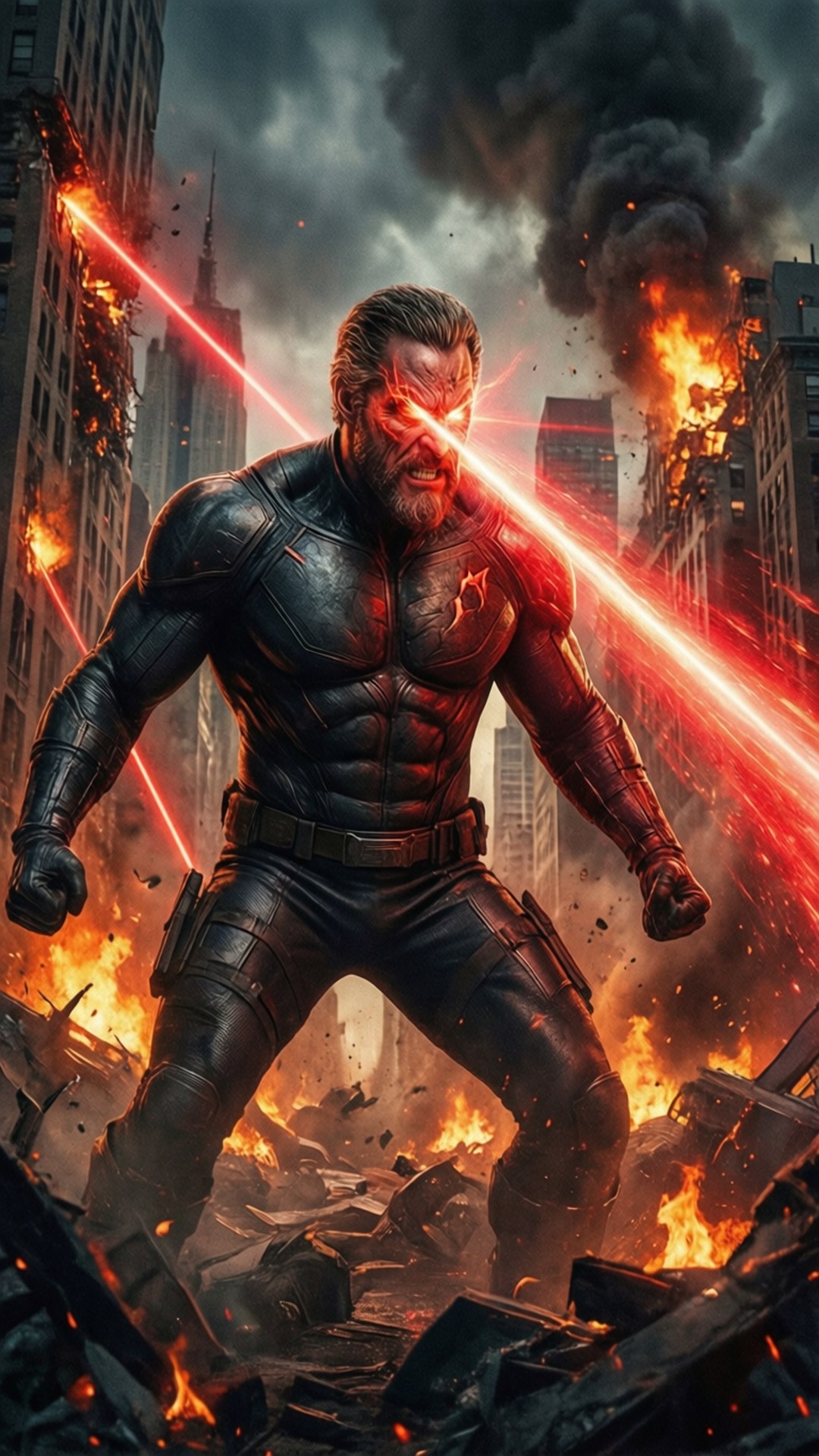 Homelander Heat Vision 壁紙 — 一個肌肉發達的男人，雙眼發出紅光並射出雷射光束，身處燃燒的城市景觀中，摩天大樓倒塌，火焰四起。