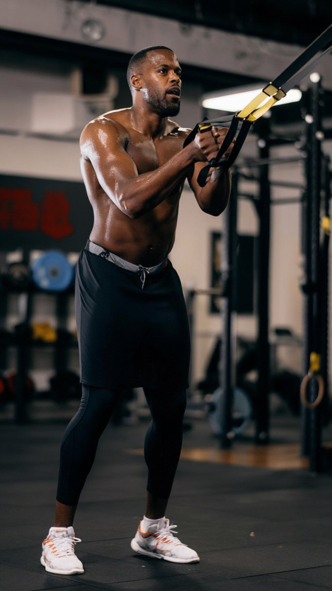 Weight Room Training 壁紙 — 一個肌肉發達的赤裸上身男人，在昏暗的健身房裡做TRX懸吊訓練器運動，汗水在他的皮膚上閃閃發光。