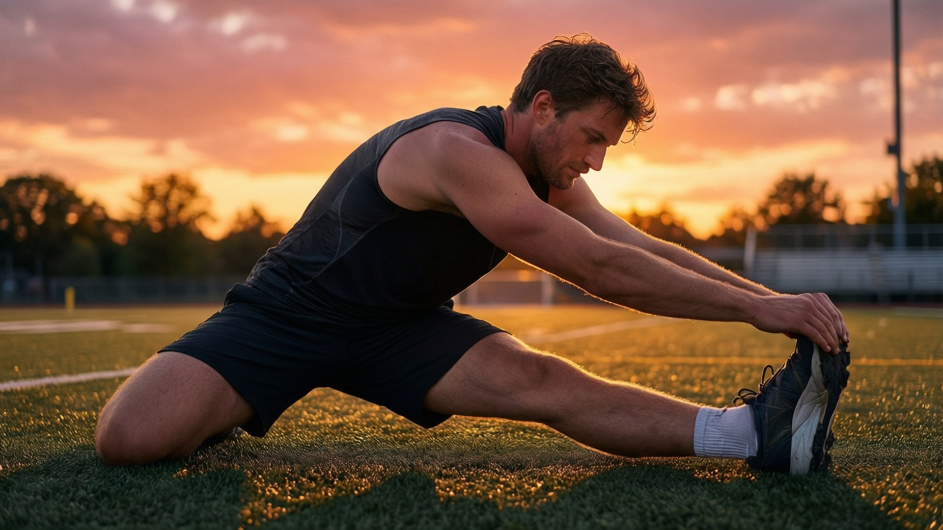 Solo Sunset Training 壁紙 — 一名肌肉發達的男子在草地運動場上激烈伸展，金色夕陽的光輝以溫暖色調沐浴天空。