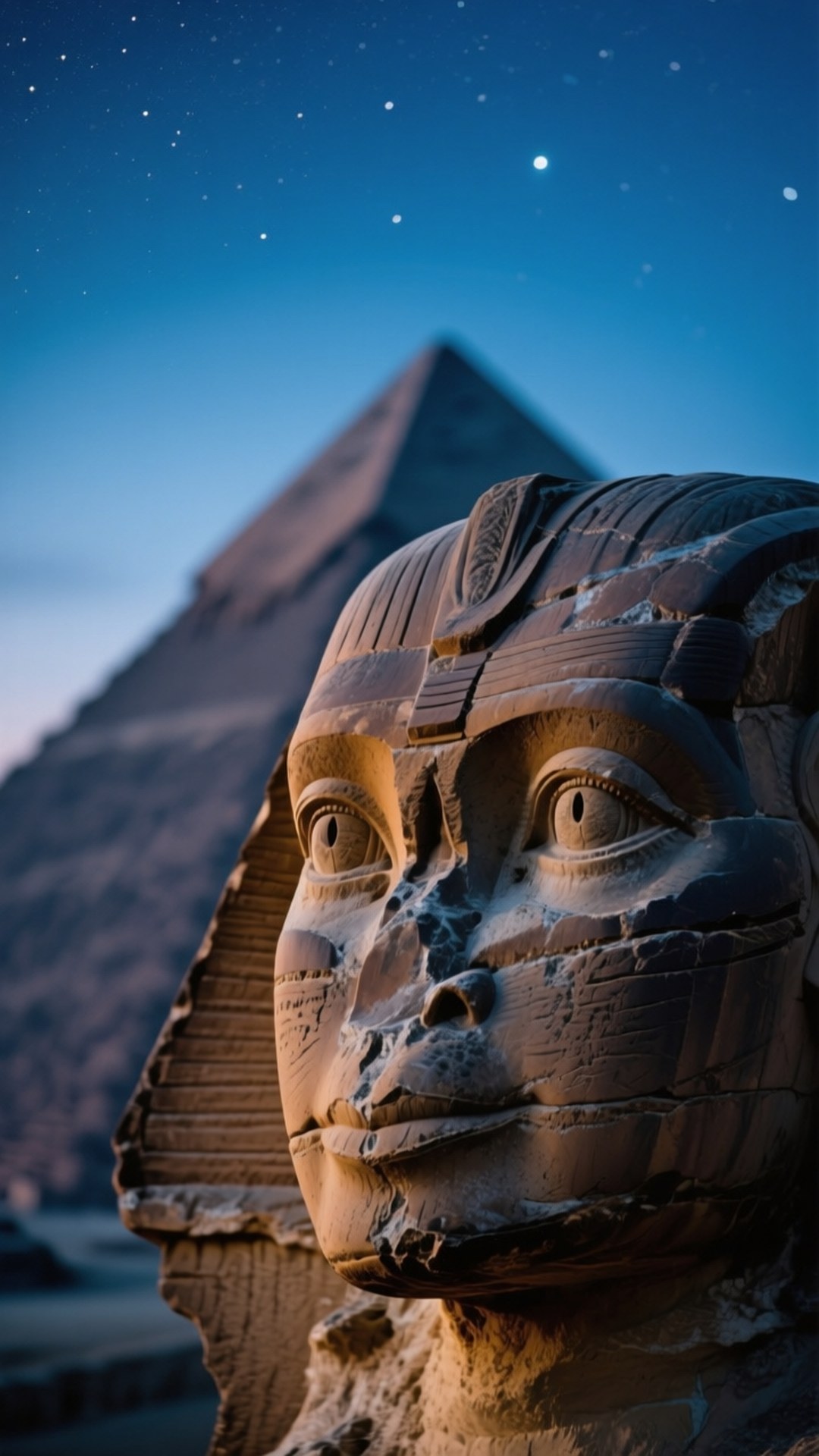 Sphinx Under Twilight Stars 壁紙 — 吉薩大獅身人面像在繁星點點的暮色天空下凝視，金字塔在背景中若隱若現。