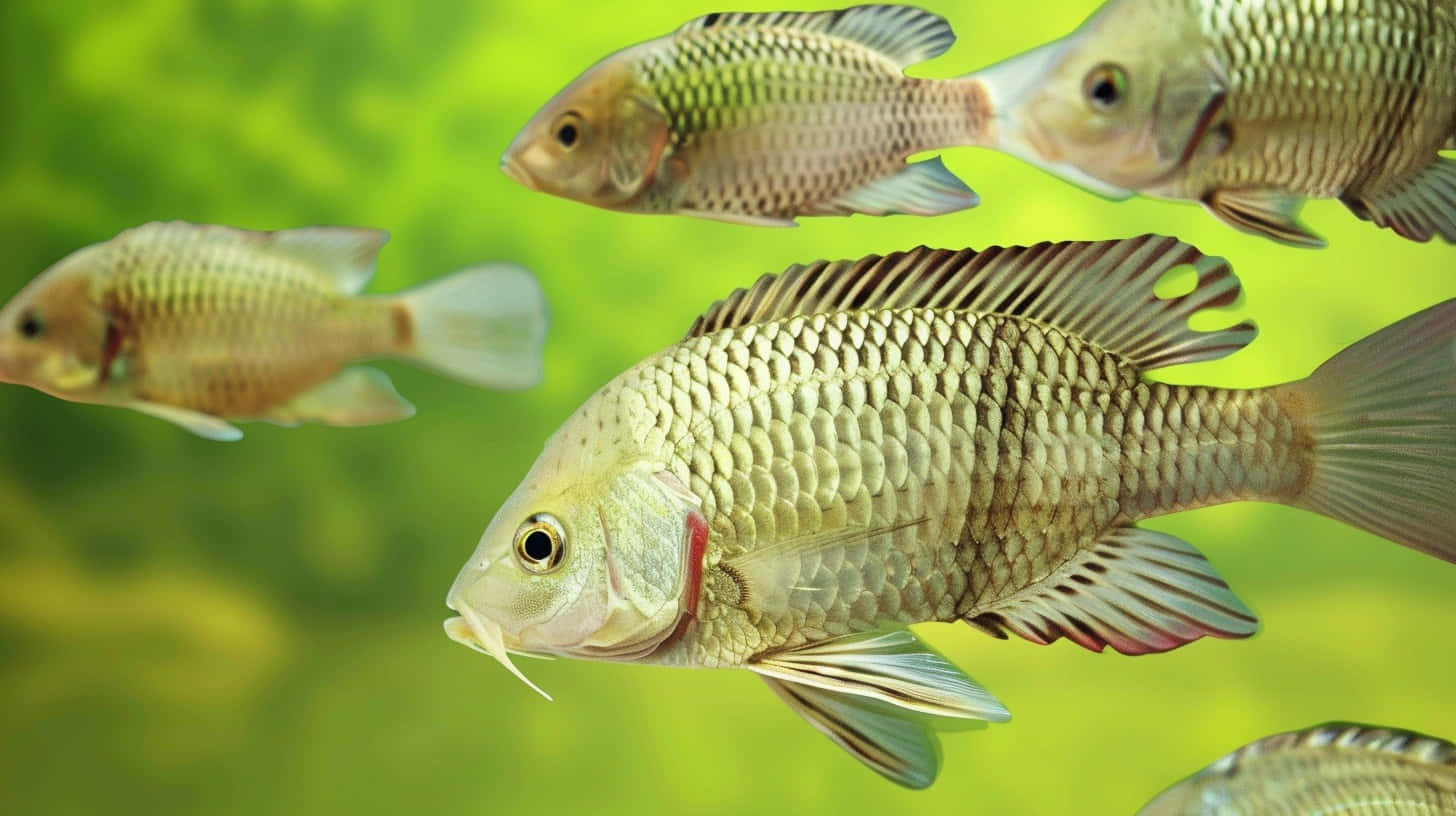  壁紙 — 幾條金啡色的羅非魚在清澈的水中優雅地游動，背景是柔和的綠色模糊效果。