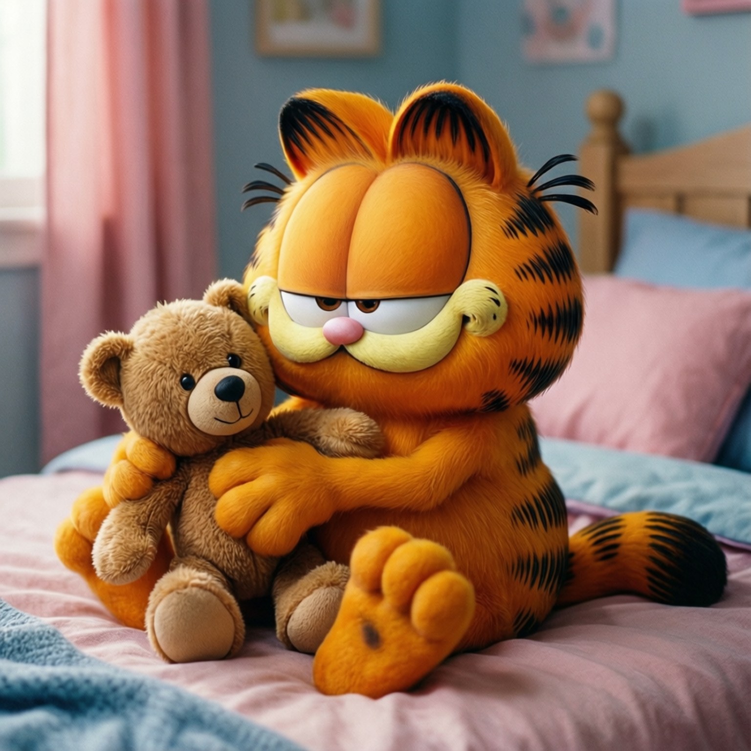 Pooky Bear Hug 壁紙 — 加菲貓，橙色的虎斑貓，坐在床上抱著一隻棕色泰迪熊，表情睏倦。