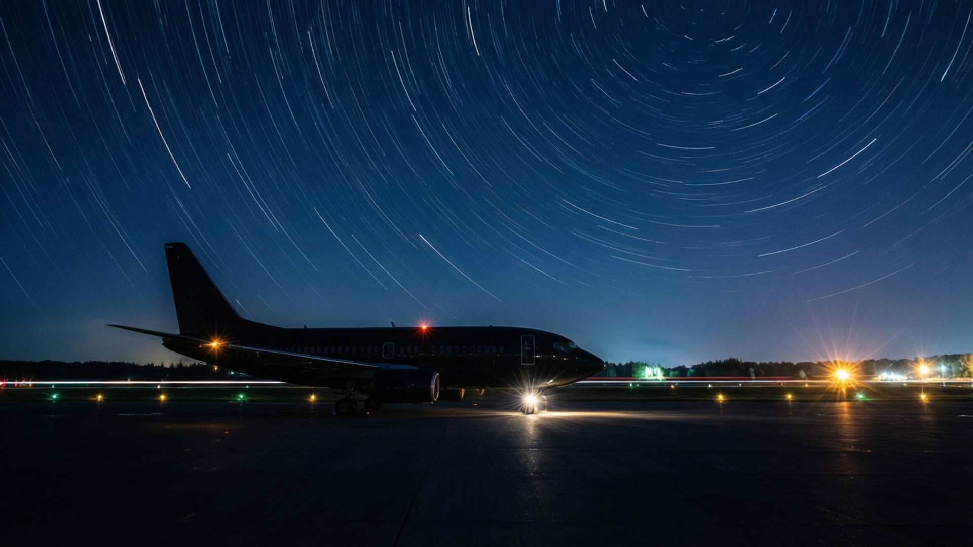 Star Trails Over Runway 壁紙 — 一架客機的剪影停在機場停機坪上，天空中有長時間曝光夜拍產生的星軌。