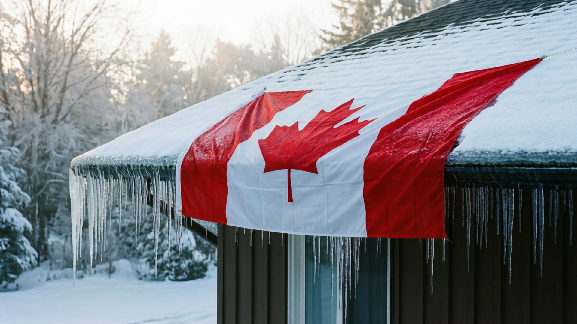 Winter Roof Flag 壁紙 — 加拿大國旗披在積雪的屋頂上，下方懸掛著冰柱，背景是冬季森林。
