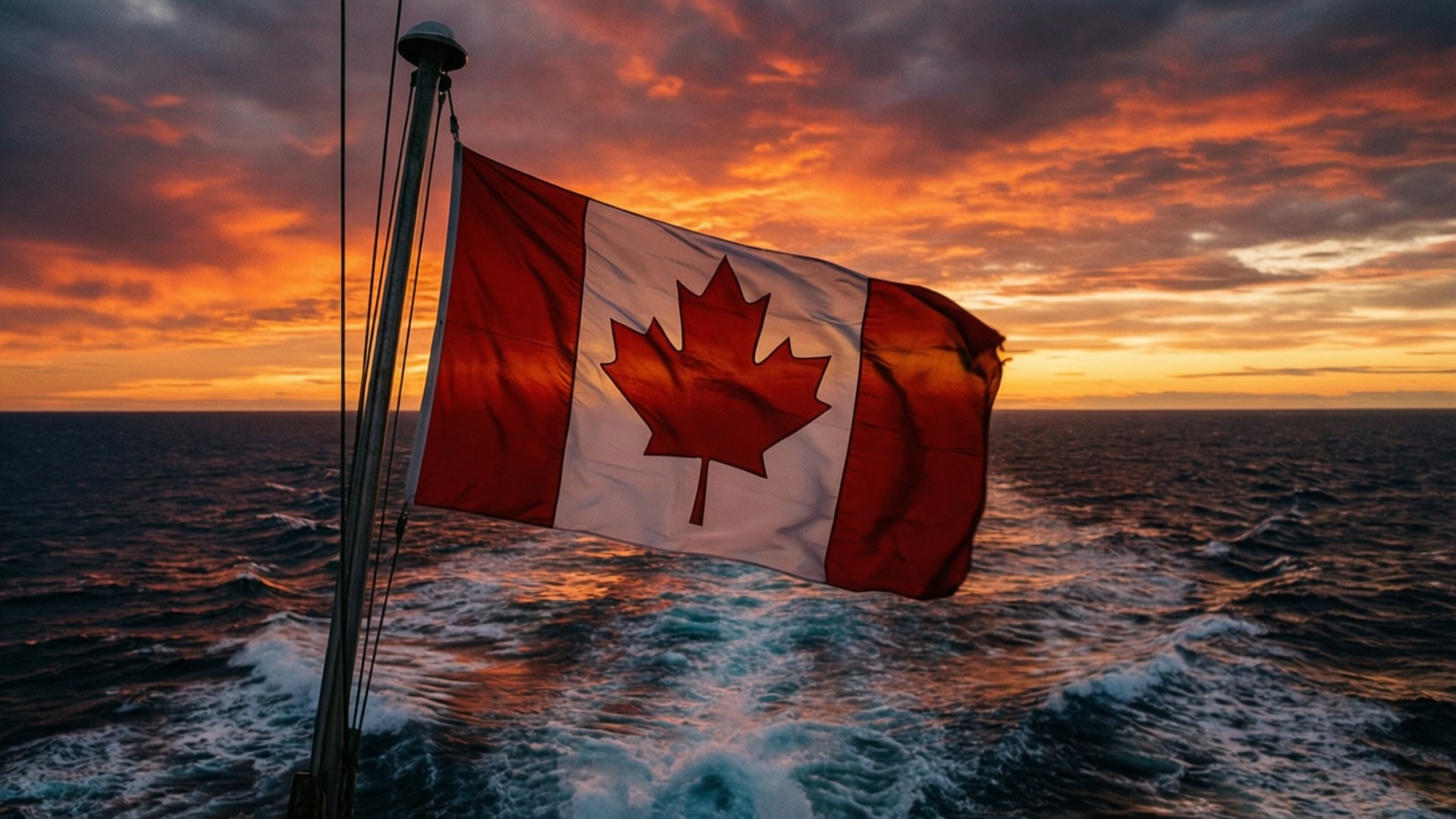 Ocean Sunset Flag 壁紙 — 加拿大國旗在船桅上自豪地飄揚，映襯著火紅的夕陽和翻騰的海浪。