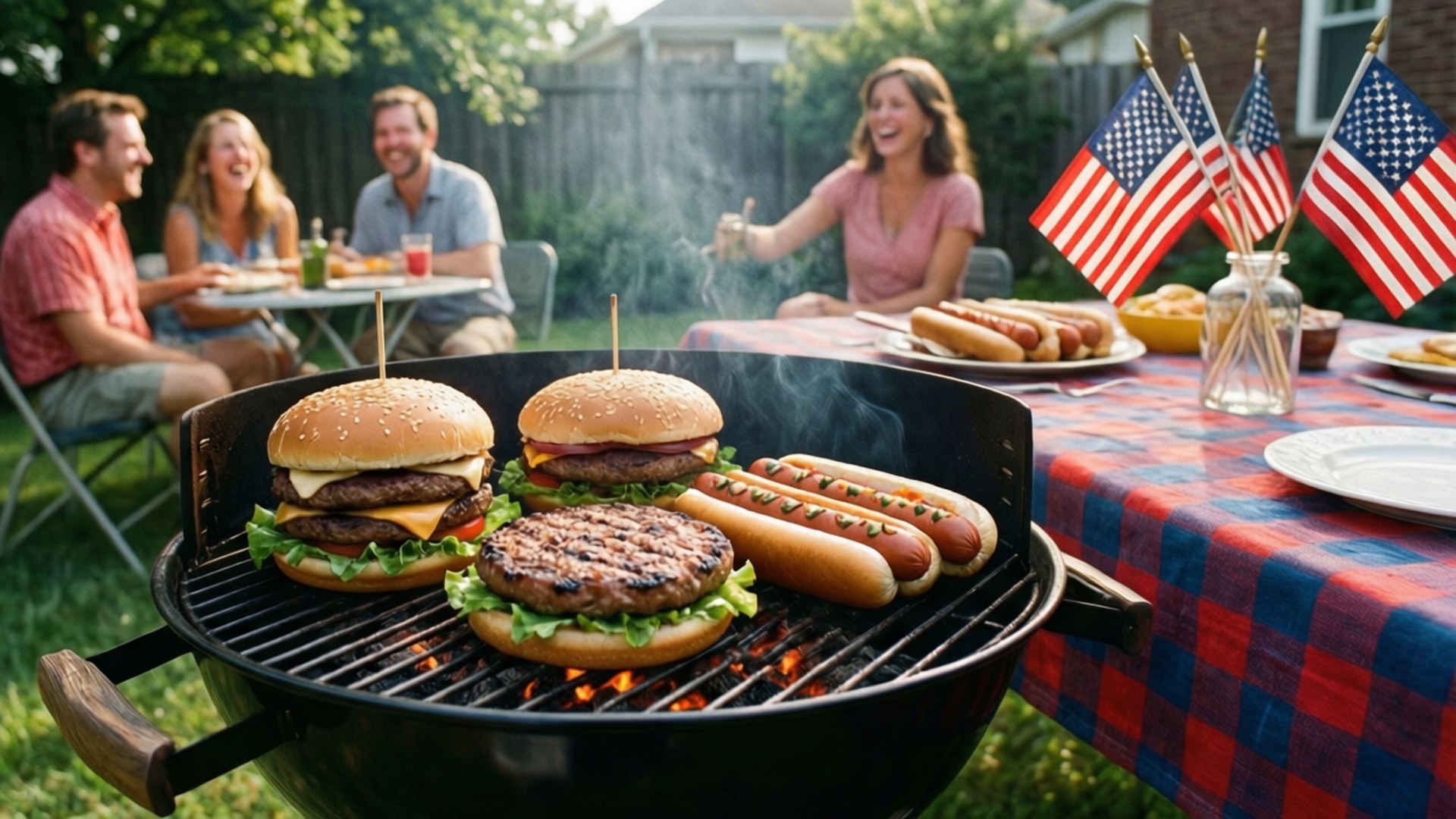 Patriotic Cookout 壁紙 — 一家人在後院燒烤，用炭火烤漢堡和熱狗，配上美國國旗和格子桌布。