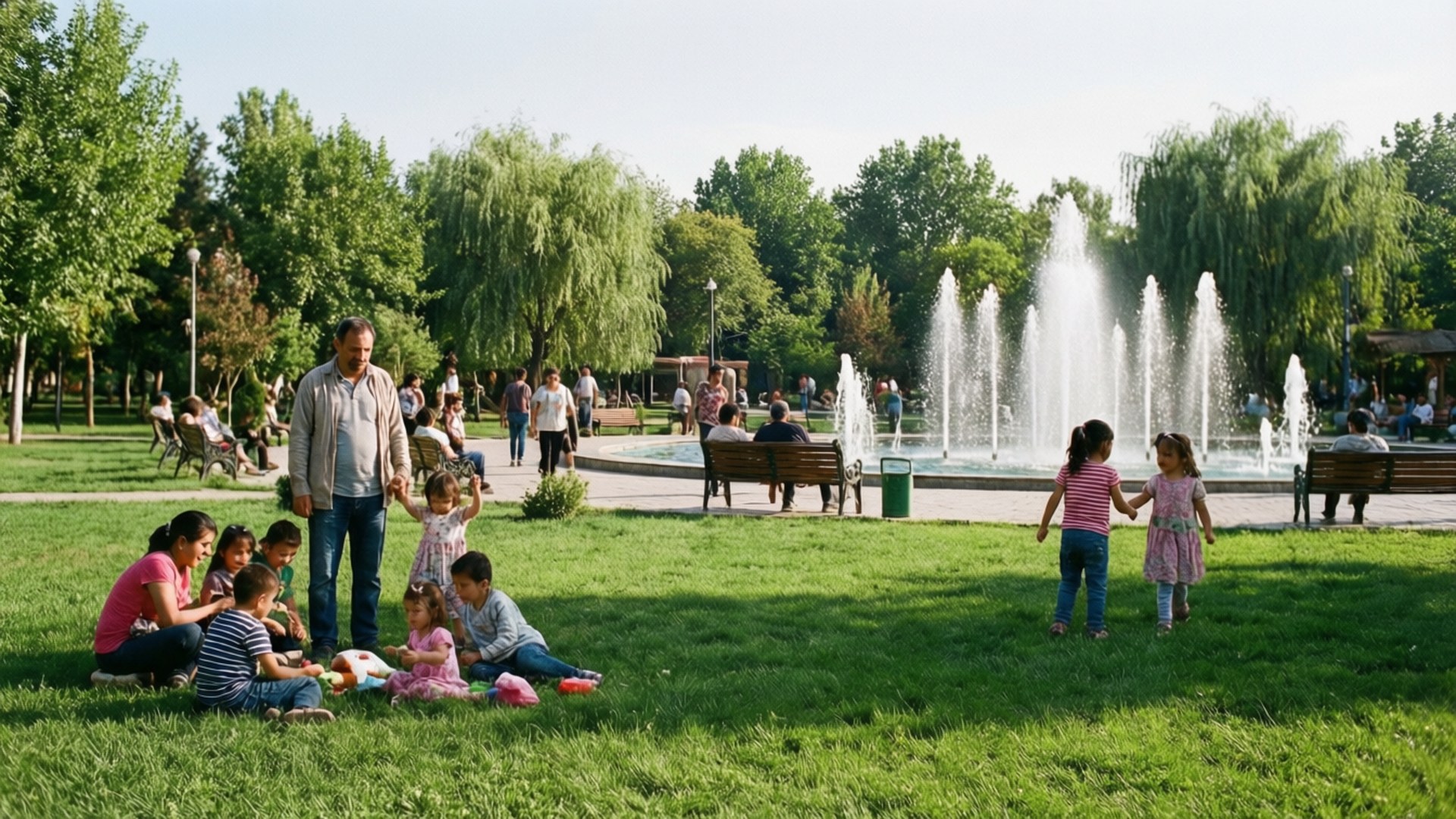 Kültür Park Sunshine 壁紙 — 一家人在陽光明媚的日子裡在公園裡享受，周圍有大型噴泉和茂密的綠樹。