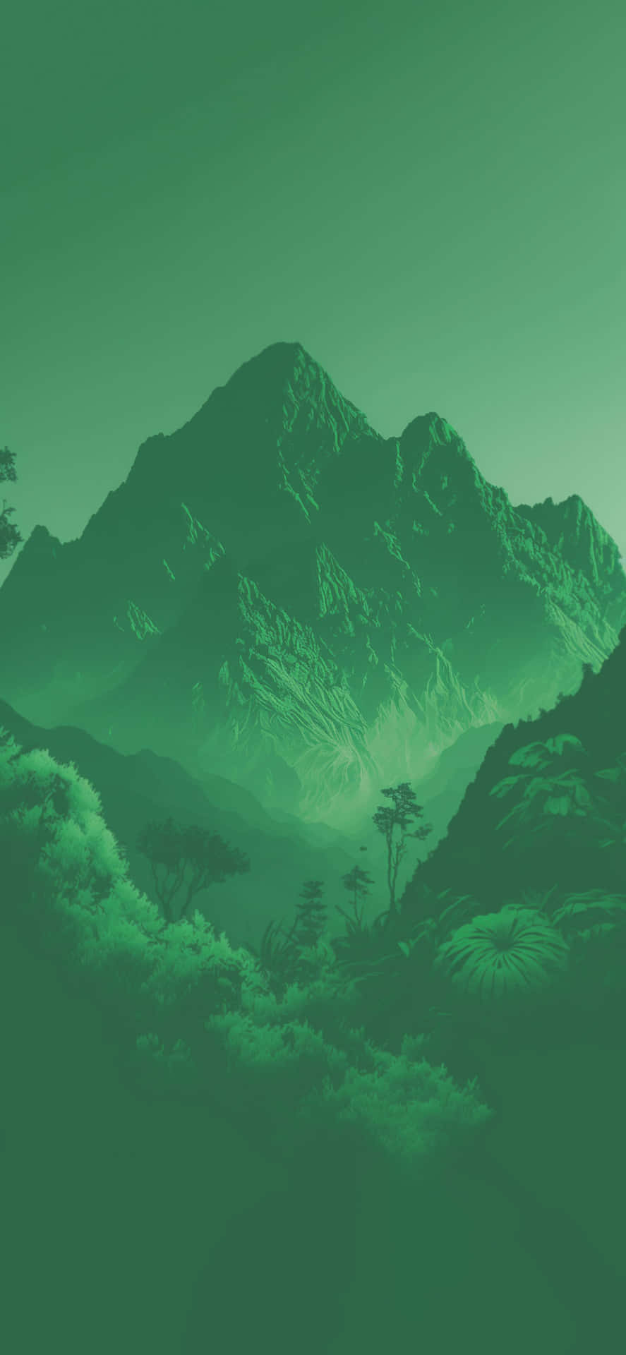  壁紙 — 在漸層天空下，單色綠色山脈穿過霧氣山谷，點綴著風格化的樹木和樹葉。