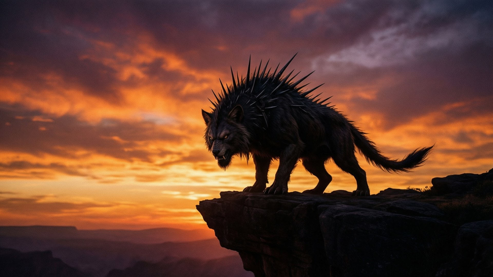 Animal at Dusk 壁紙 — 一隻尖刺的狼站在懸崖邊，背景是火紅的日落天空，帶有戲劇性的橙色和紫色雲彩。
