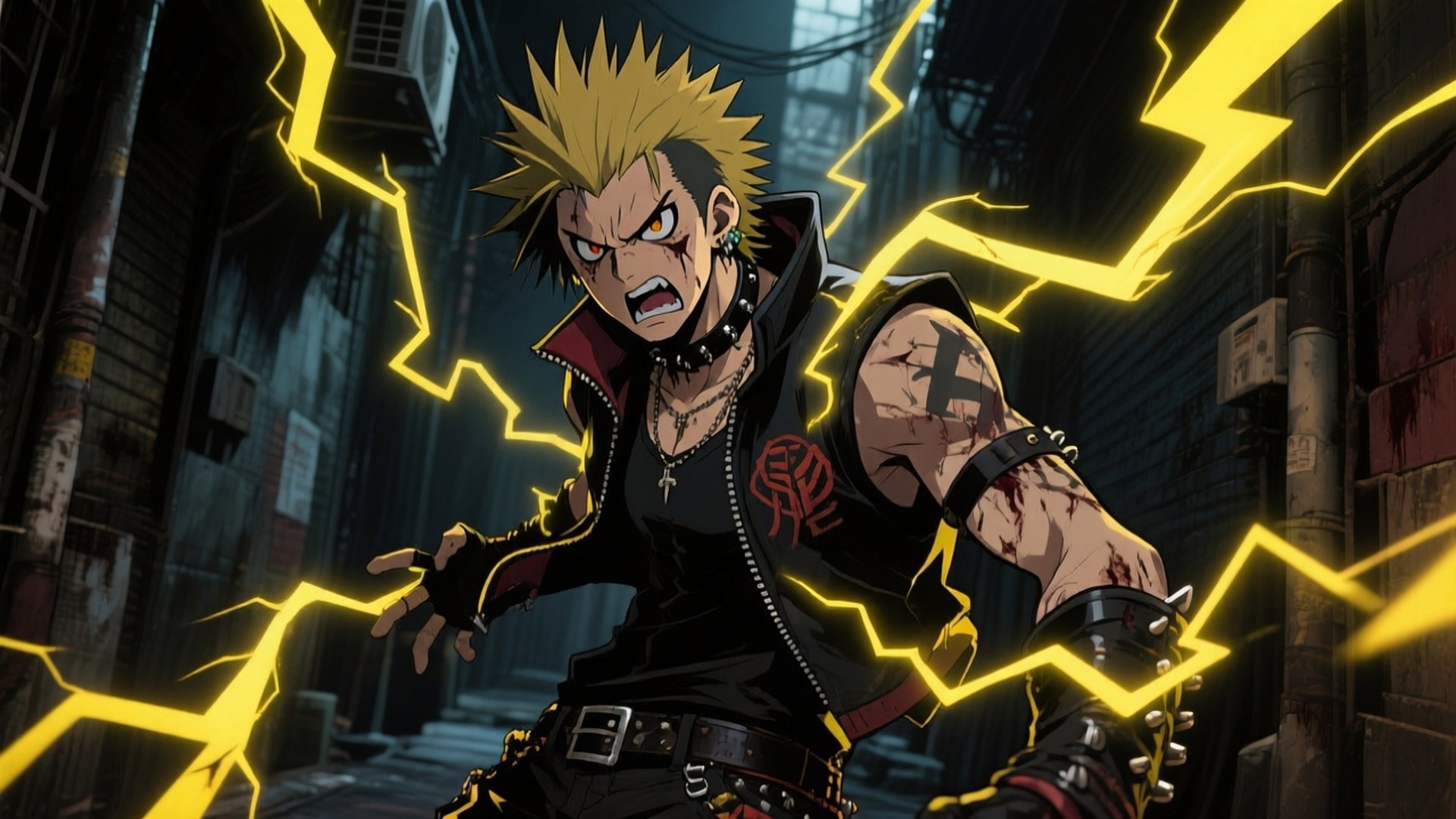 Lightning Rage 壁紙 — 一個尖刺金髮的動漫戰士穿著黑色皮革，在夜晚的骯髒城市小巷中釋放黃色閃電。