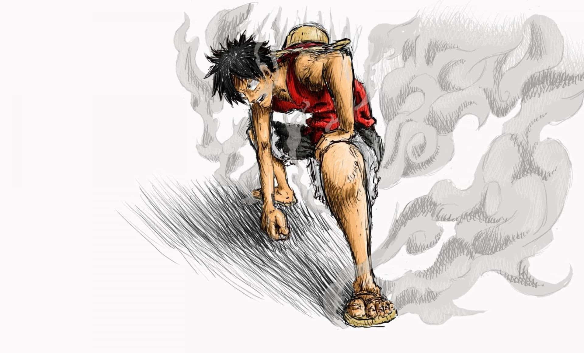 壁紙 — 一個堅定的動畫海盜，擁有尖刺黑髮和草帽，低蹲著，蒸汽在他周圍旋轉，準備戰鬥。