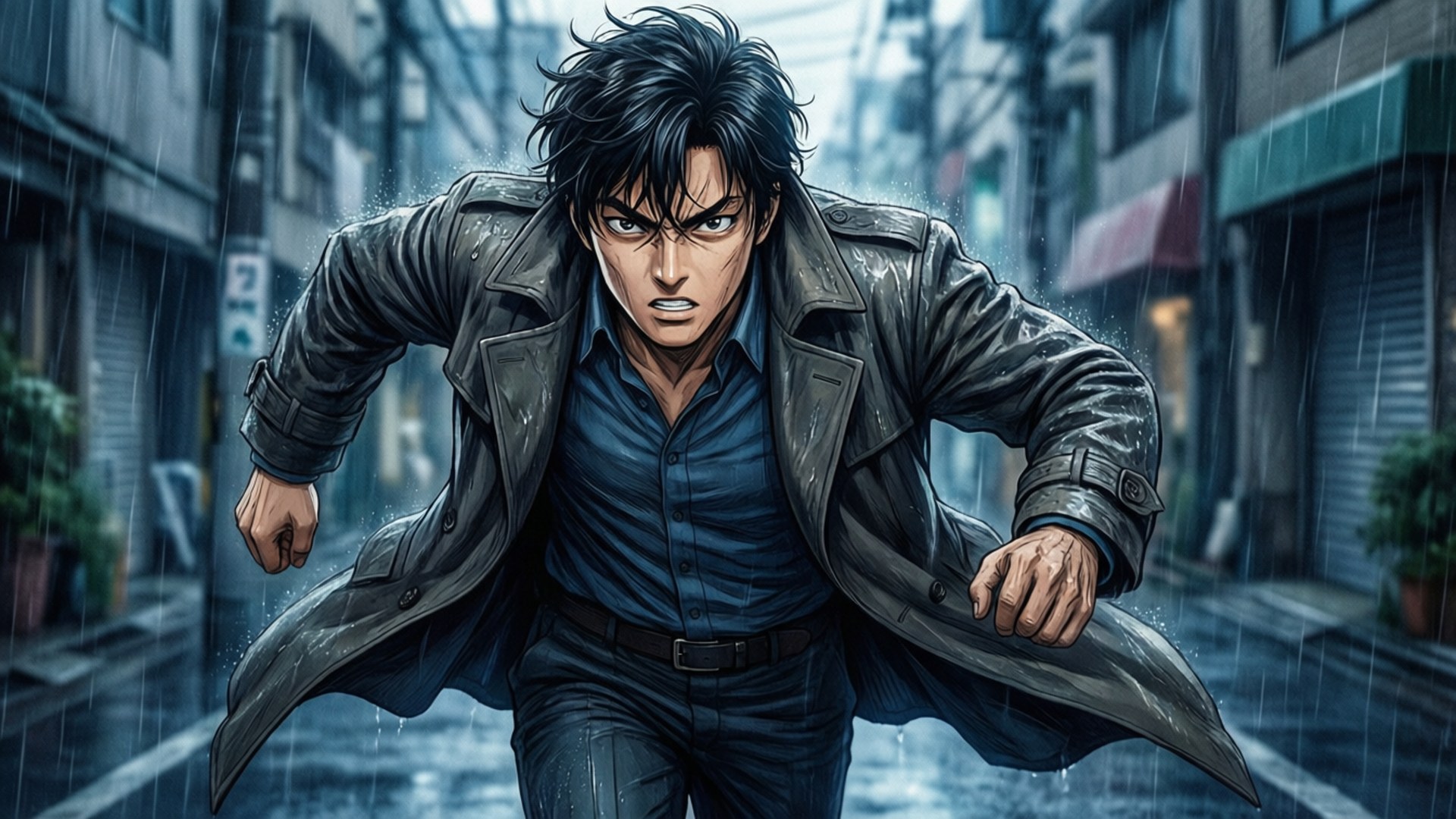 Rain Chase 壁紙 — 一個堅定的動漫男人穿著濕透的風衣，在雨水浸濕的城市小巷中全神貫注地衝刺。
