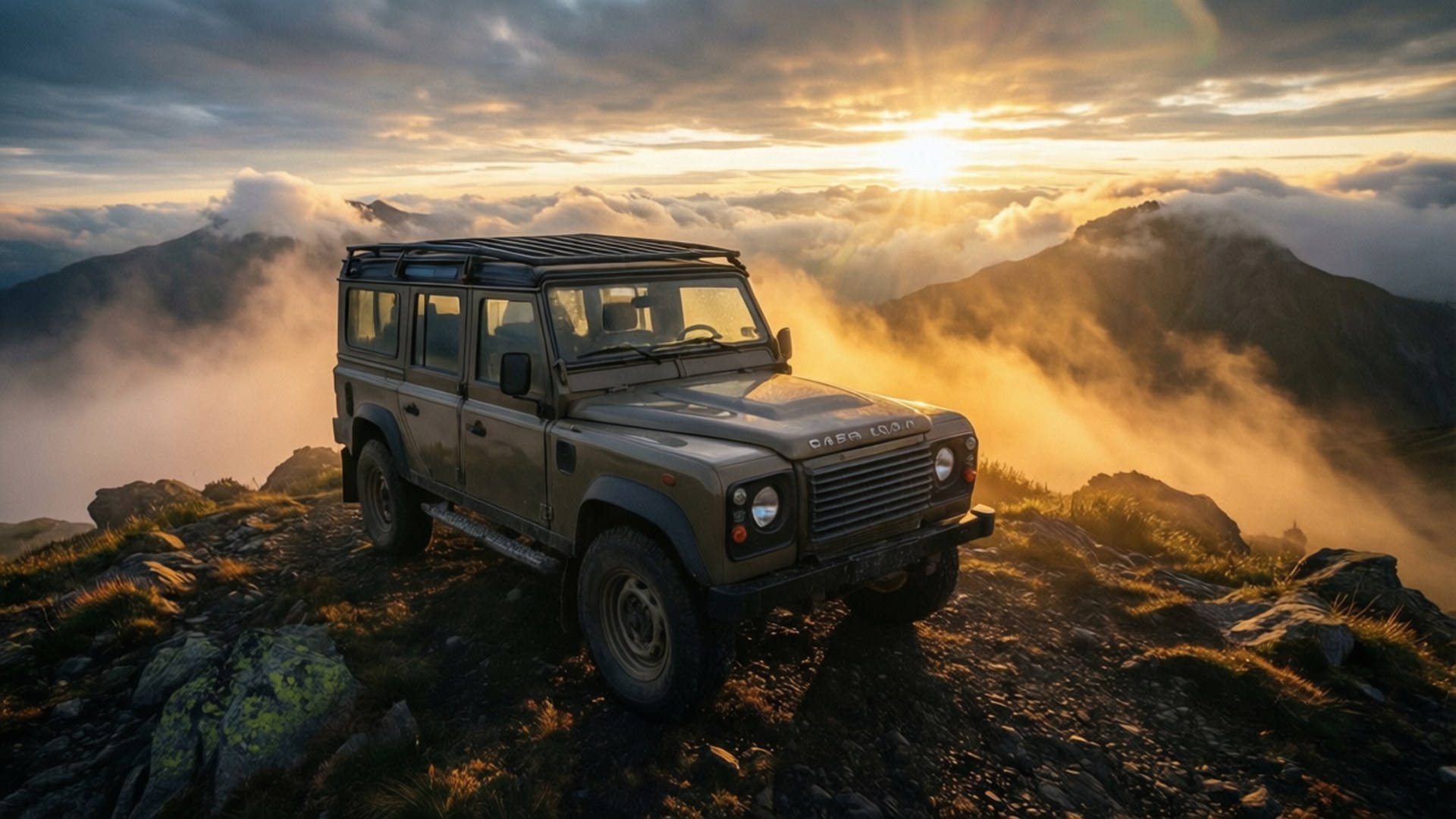 Mountain Peak Defender 壁紙 — 一輛堅固的橄欖綠色 Land Rover Defender 棲息在霧氣瀰漫的山脊上，太陽在雲層後升起，灑下金色的光芒。