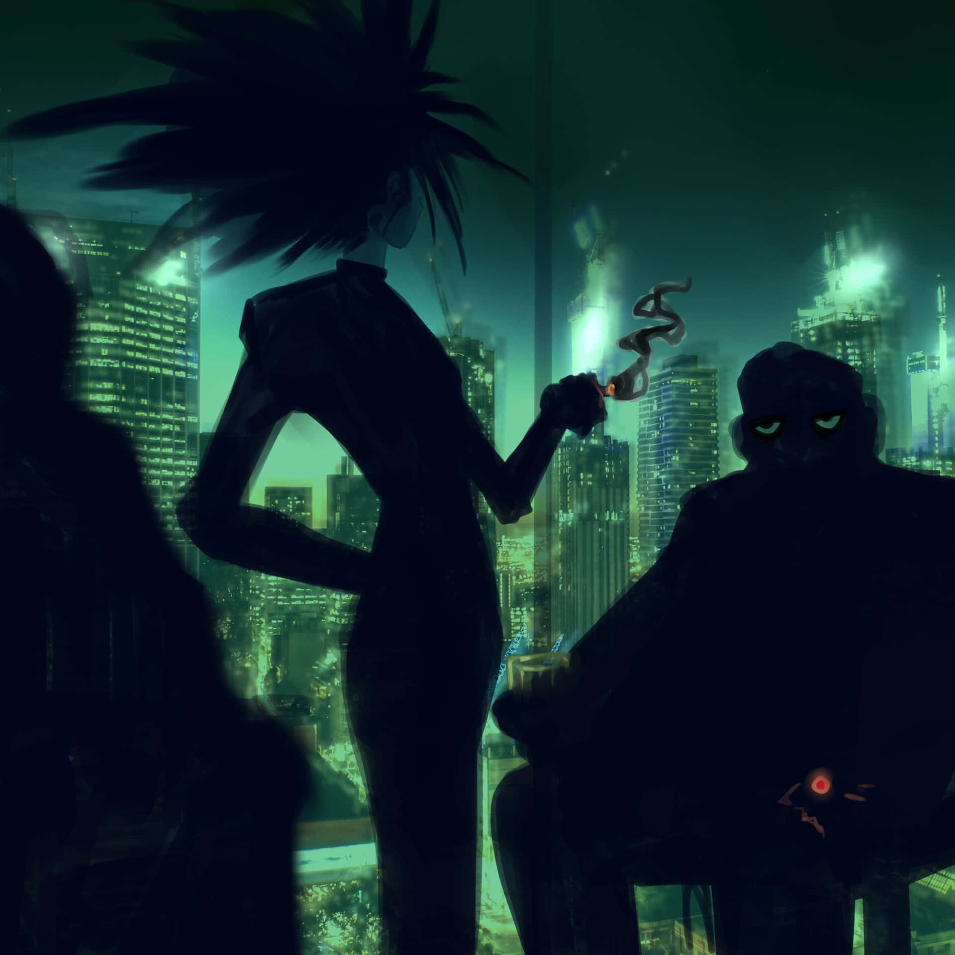  壁紙 — 剪影般的動漫人物在夜晚霓虹燈照亮的城市景觀中吸煙，身後是發光的摩天大樓。