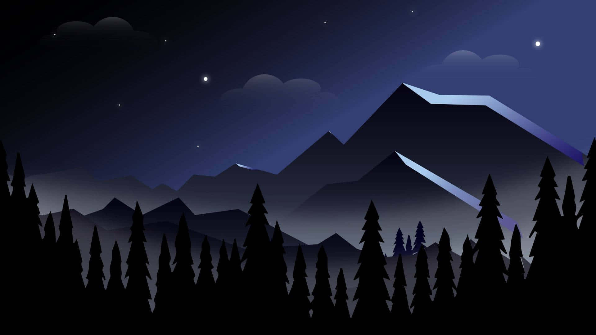  壁紙 — 剪影的松樹框住了層疊山峰上方的星空夜空，山峰上有發光的雪冠。