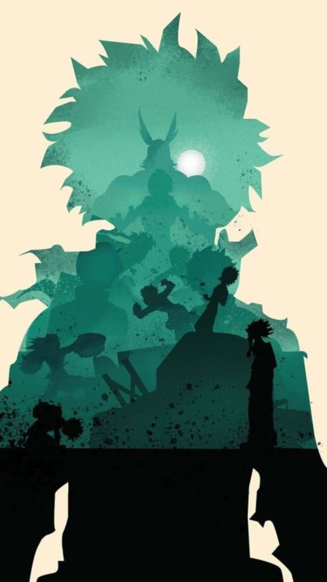  壁紙 — 剪影動漫角色站在蒼白背景前高聳的綠色怪物剪影前。