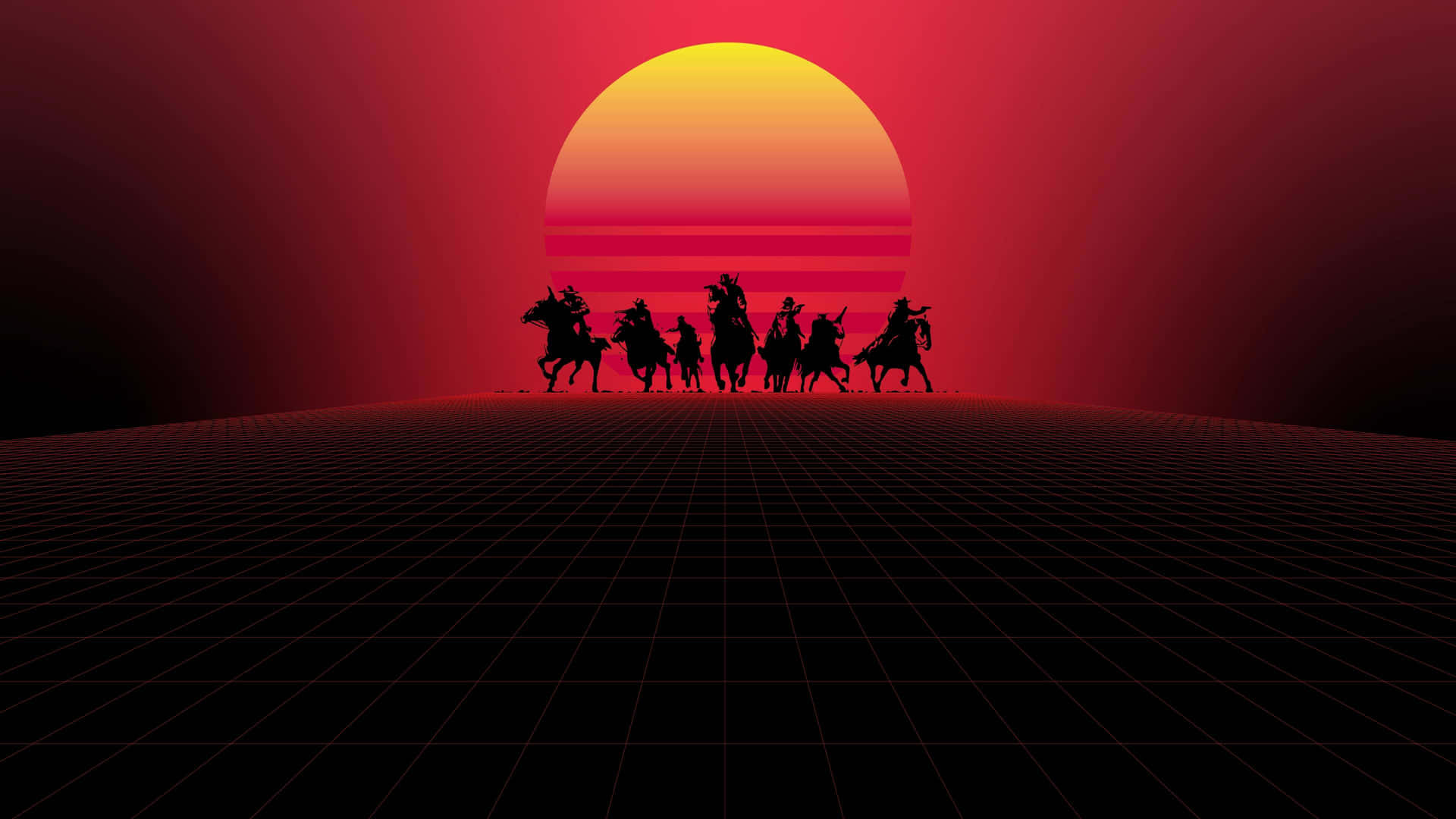  壁紙 — 剪影騎士騎馬奔馳在網格上，背景是巨大的紅黃色日落，呈現復古未來主義景觀。
