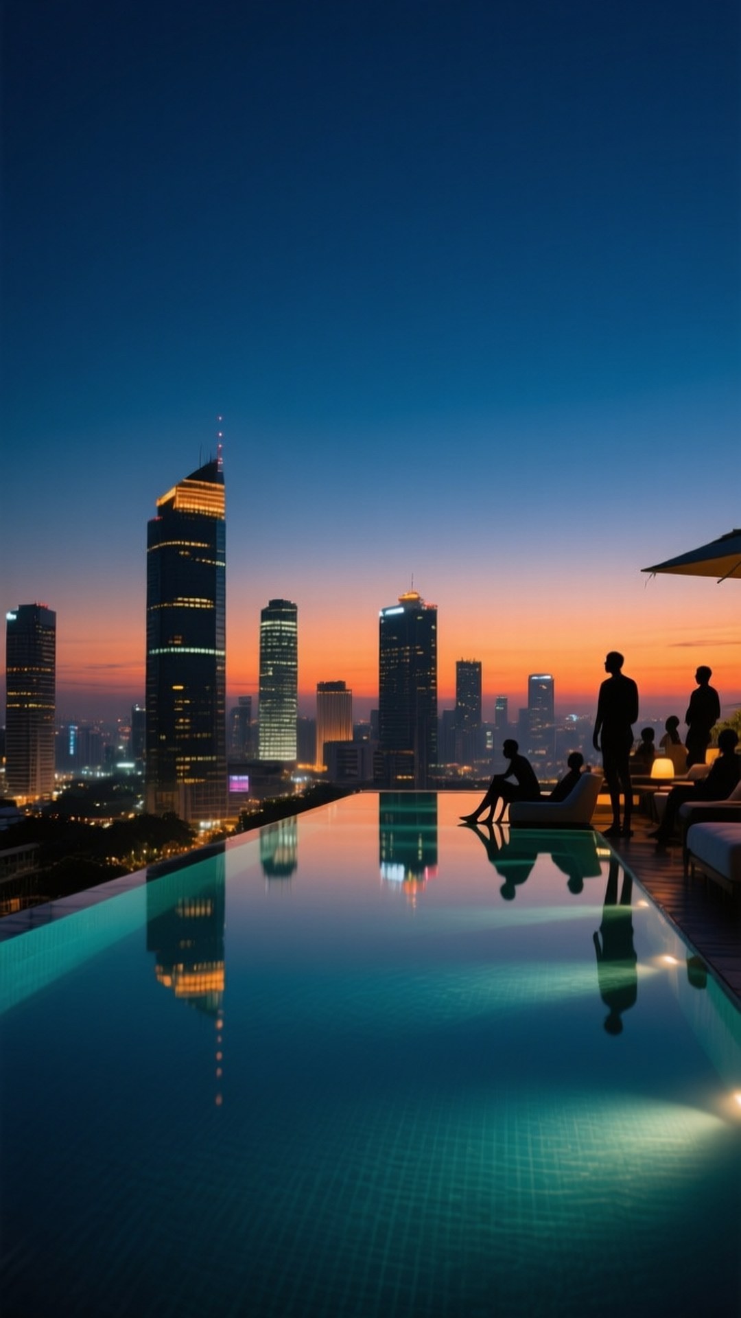 Rooftop Pool Jakarta 壁紙 — 剪影人物在發光的無邊際泳池旁放鬆，而充滿活力的日落照亮了他們身後高聳的城市天際線。