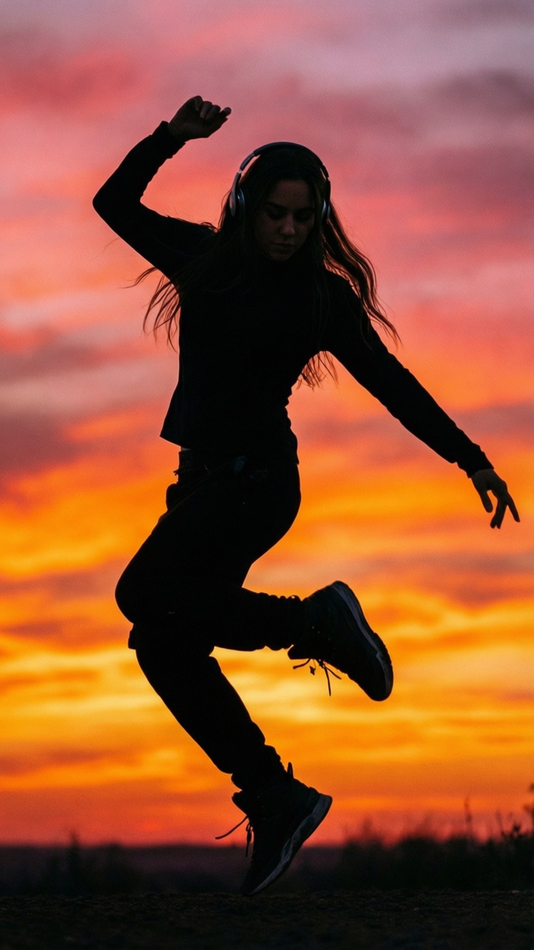 Silhouette Dance Sunset 壁紙 — 一個剪影人物在火紅的日落天空下動態跳躍，帶有鮮豔的橙色、粉紅色和紫色色調。