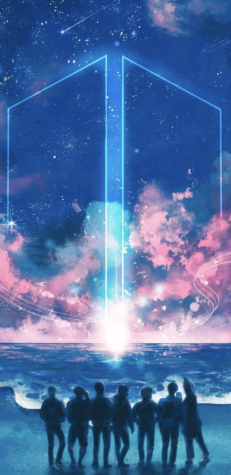 一群人在星空下觀看發光的傳送門在海洋上空打開。 — Bts 壁紙