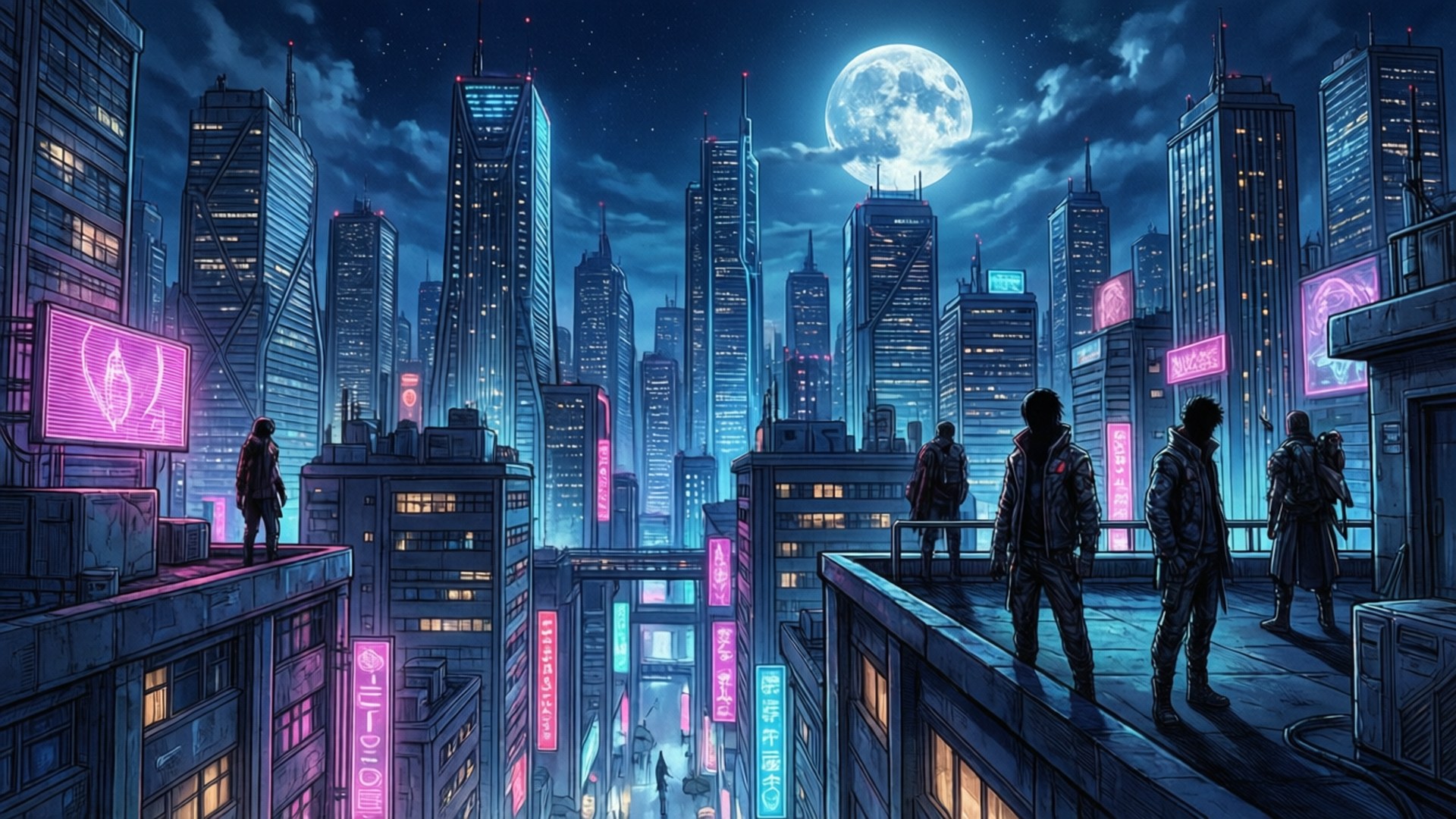 Manga Cyberpunk City 壁紙 — 剪影人物站在屋頂上，俯瞰著巨大月亮下霓虹閃爍的賽博龐克城市景觀。
