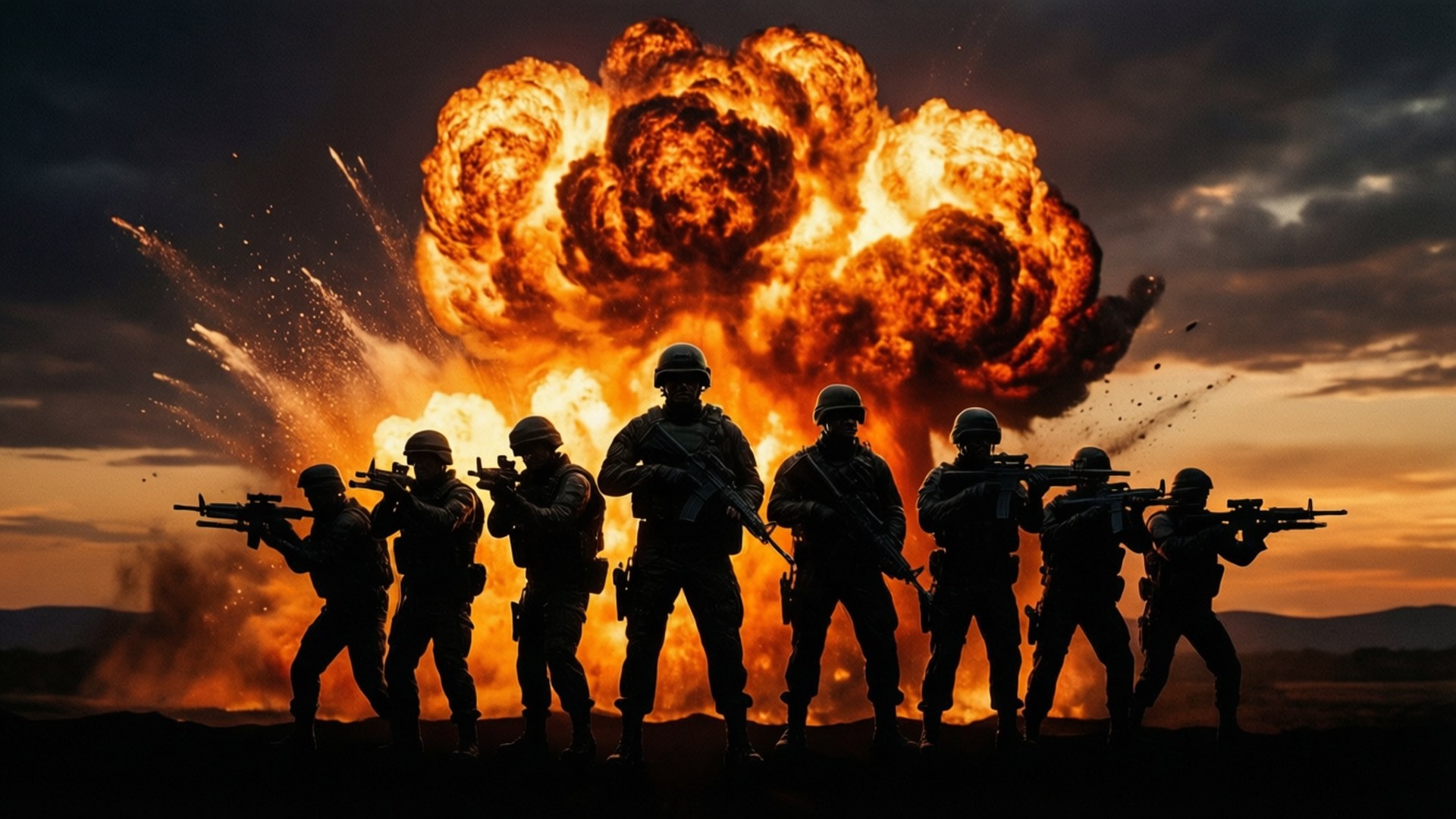 Explosion Silhouette 壁紙 — 剪影士兵在暮色天空下排列成隊形，面對巨大的火焰爆炸。