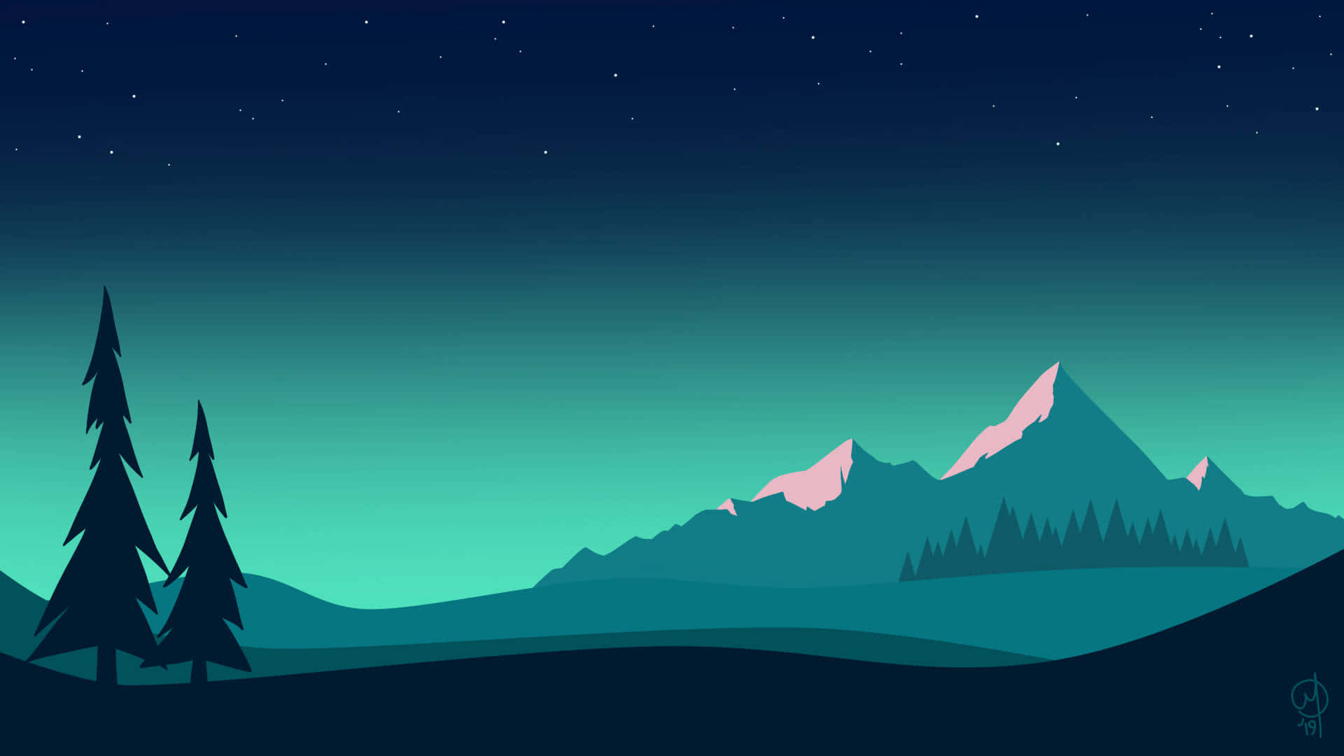  壁紙 — 剪影松樹和層疊的藍綠色山脈上方星空燦爛的夜空，山頂覆蓋著粉紅色的雪。