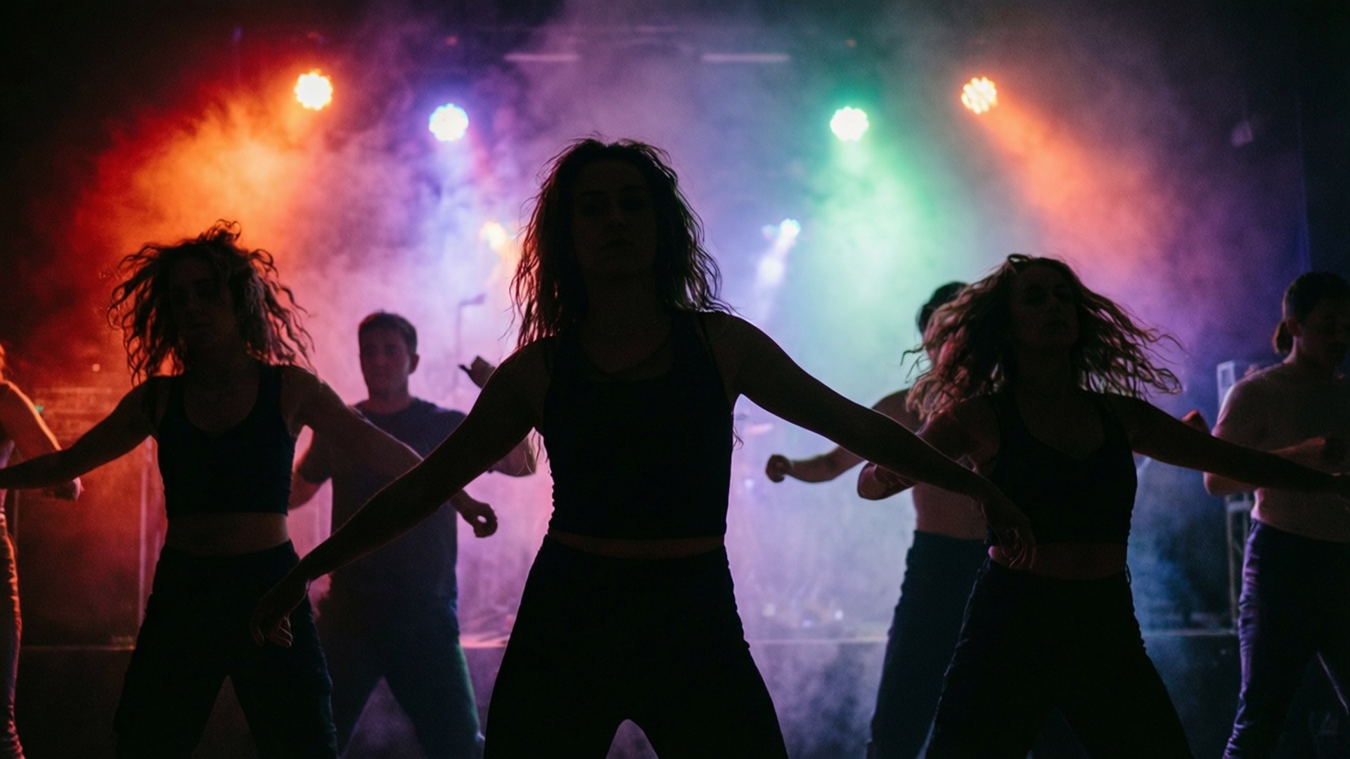 Dance of Life 壁紙 — 剪影舞者在煙霧瀰漫的夜總會環境中，在鮮豔的紅、綠、藍舞台燈光下充滿活力地舞動。