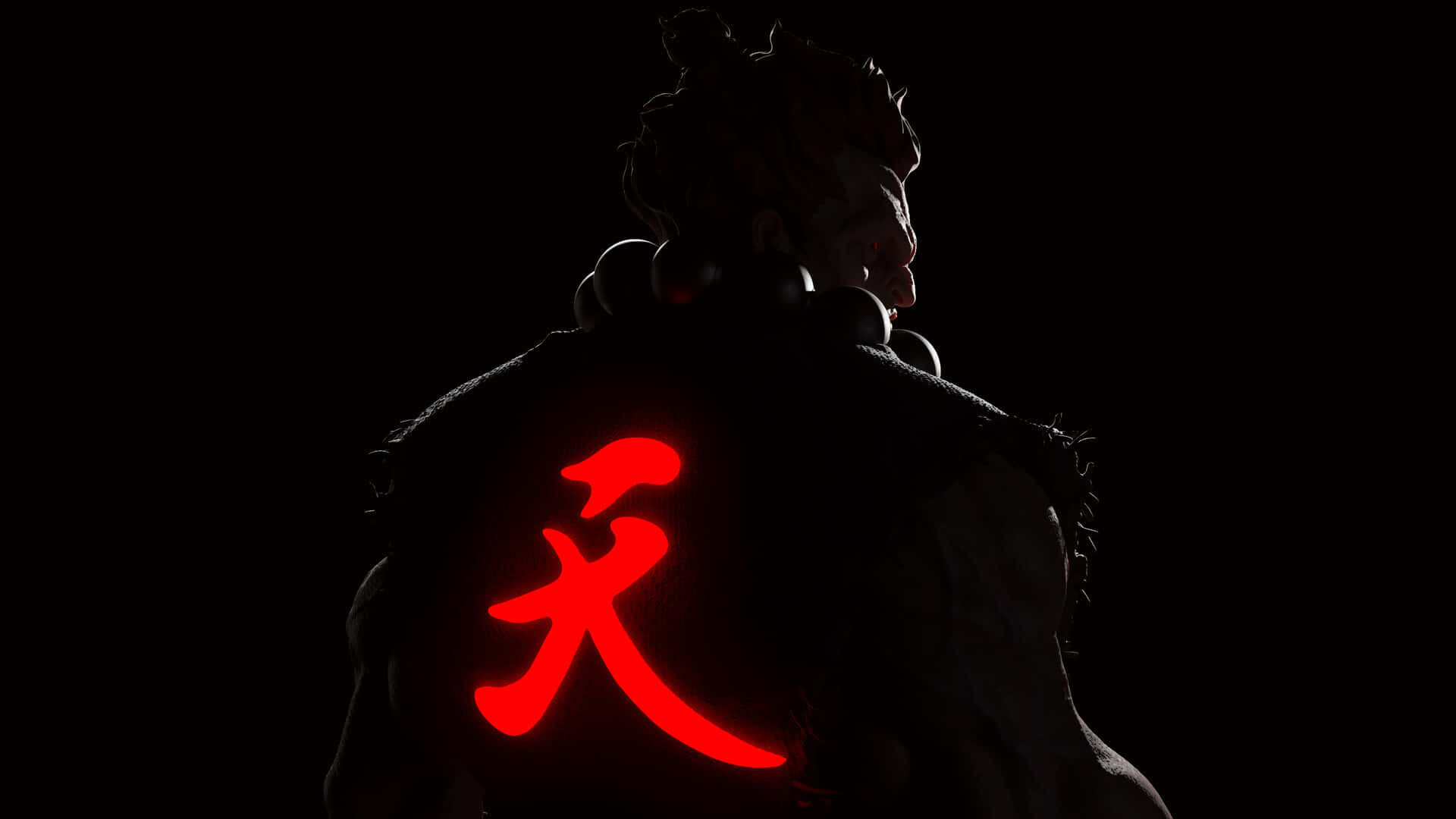  壁紙 — 剪影戰士背上帶有發光紅色漢字，站立在黑暗中，戲劇性燈光突顯肌肉線條和華麗盔甲。