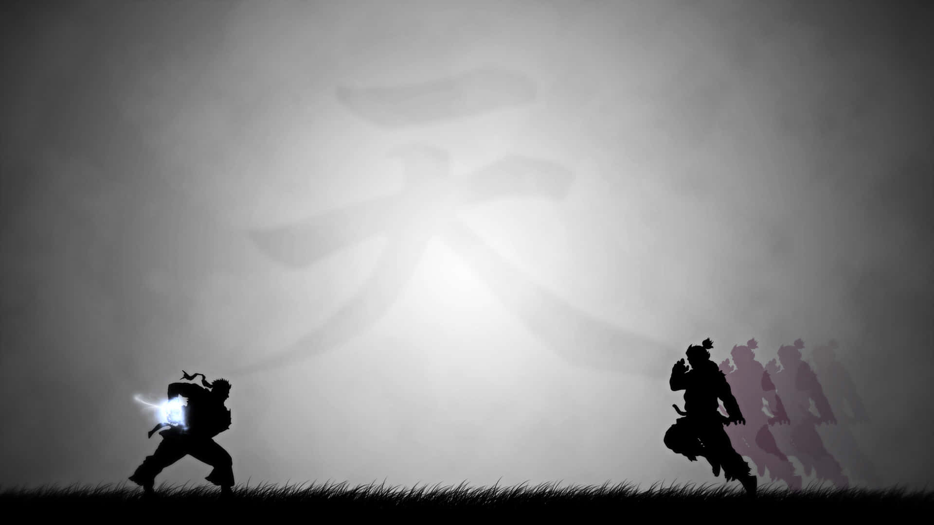  壁紙 — 剪影戰士在迷霧中交鋒，發光的劍和逐漸消失的敵人在明亮朦朧的背景襯托下。