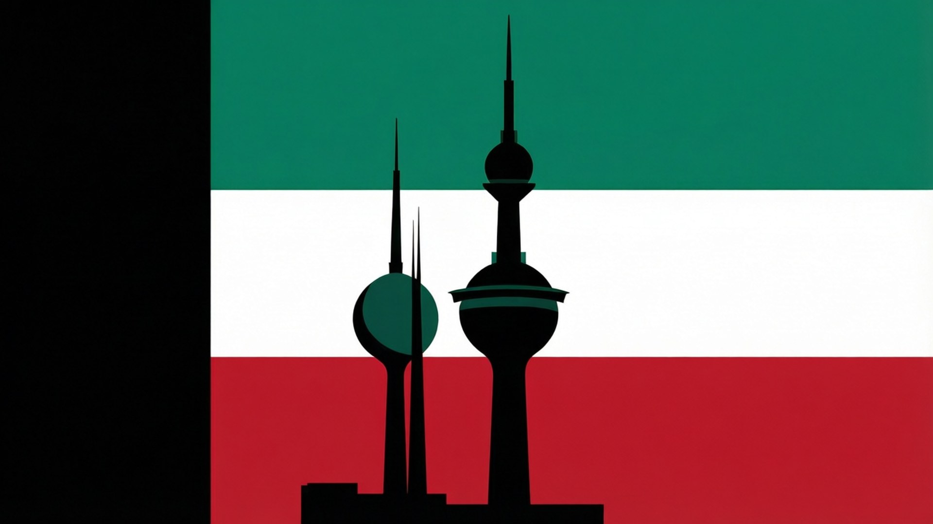 Kuwait Towers Geometric Art 壁紙 — 剪影中的科威特塔在國旗的綠色、白色和紅色條紋中傲然聳立。