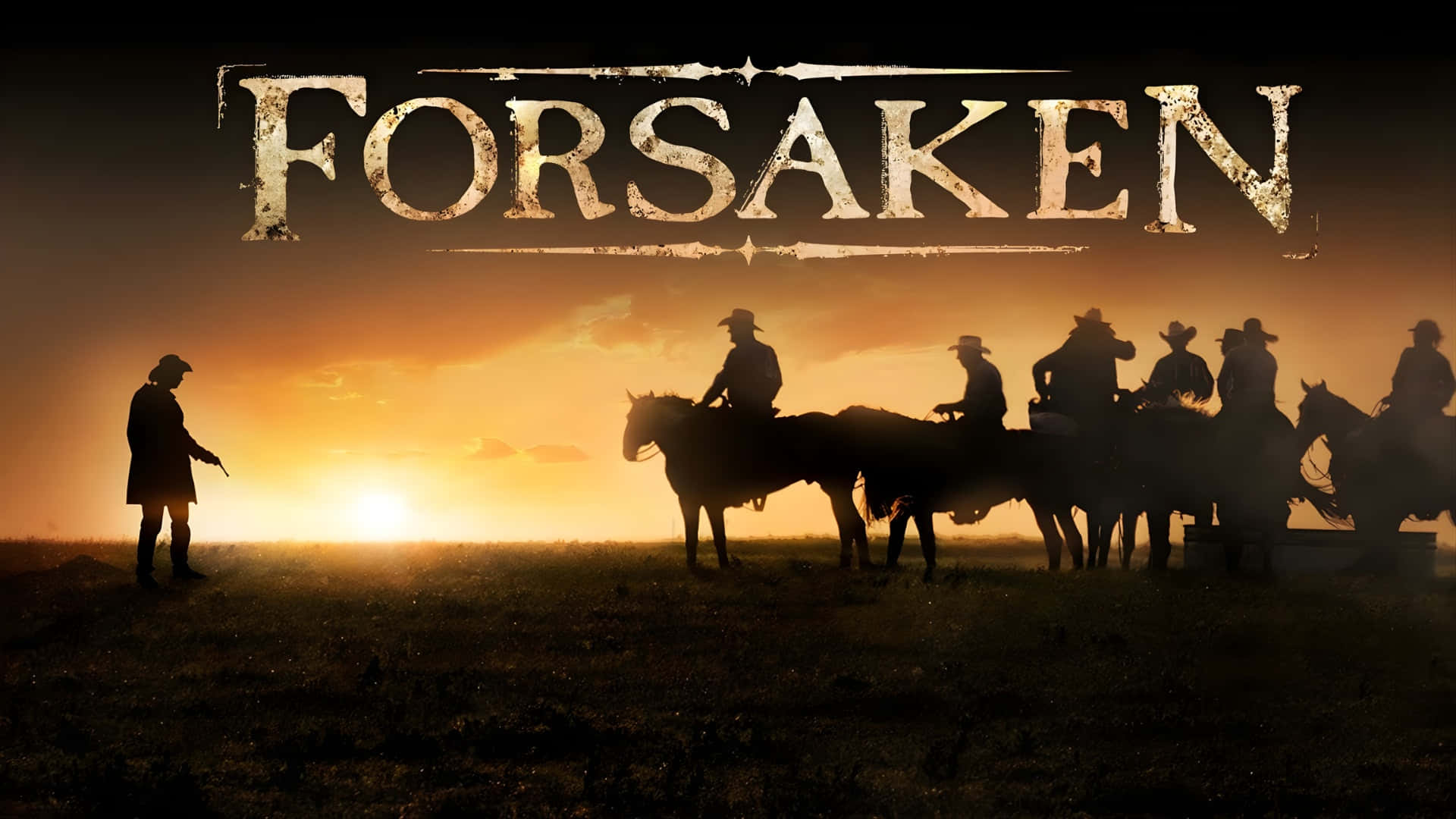  壁紙 — 剪影中的牛仔和馬匹站在發光的日落前，上方有「FORSAKEN」一詞。